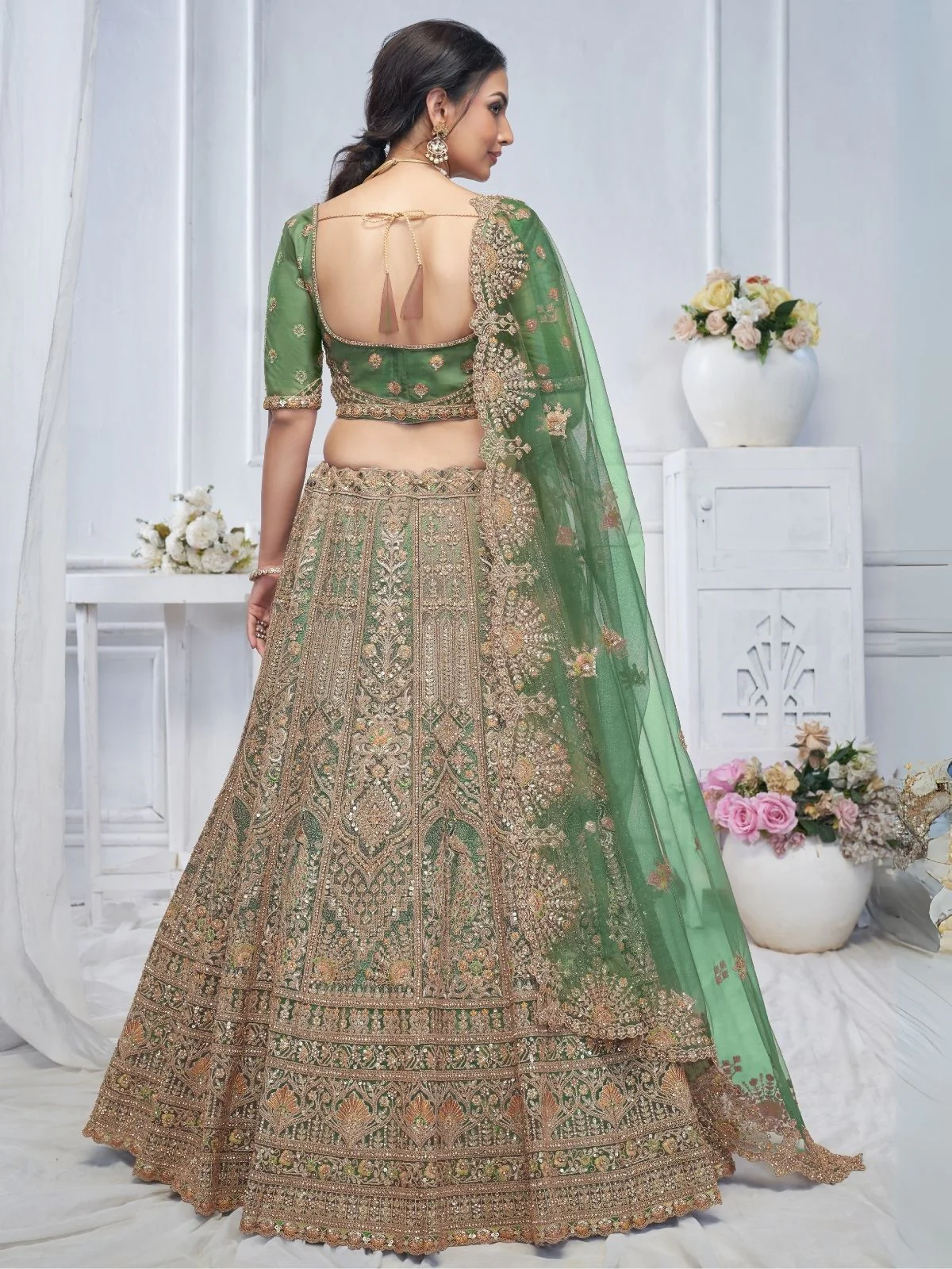 Odette Green And Gold Soft Net Embroidered Semi-Stitched Lehenga With Unstitched Blouse For Women - Image 4
