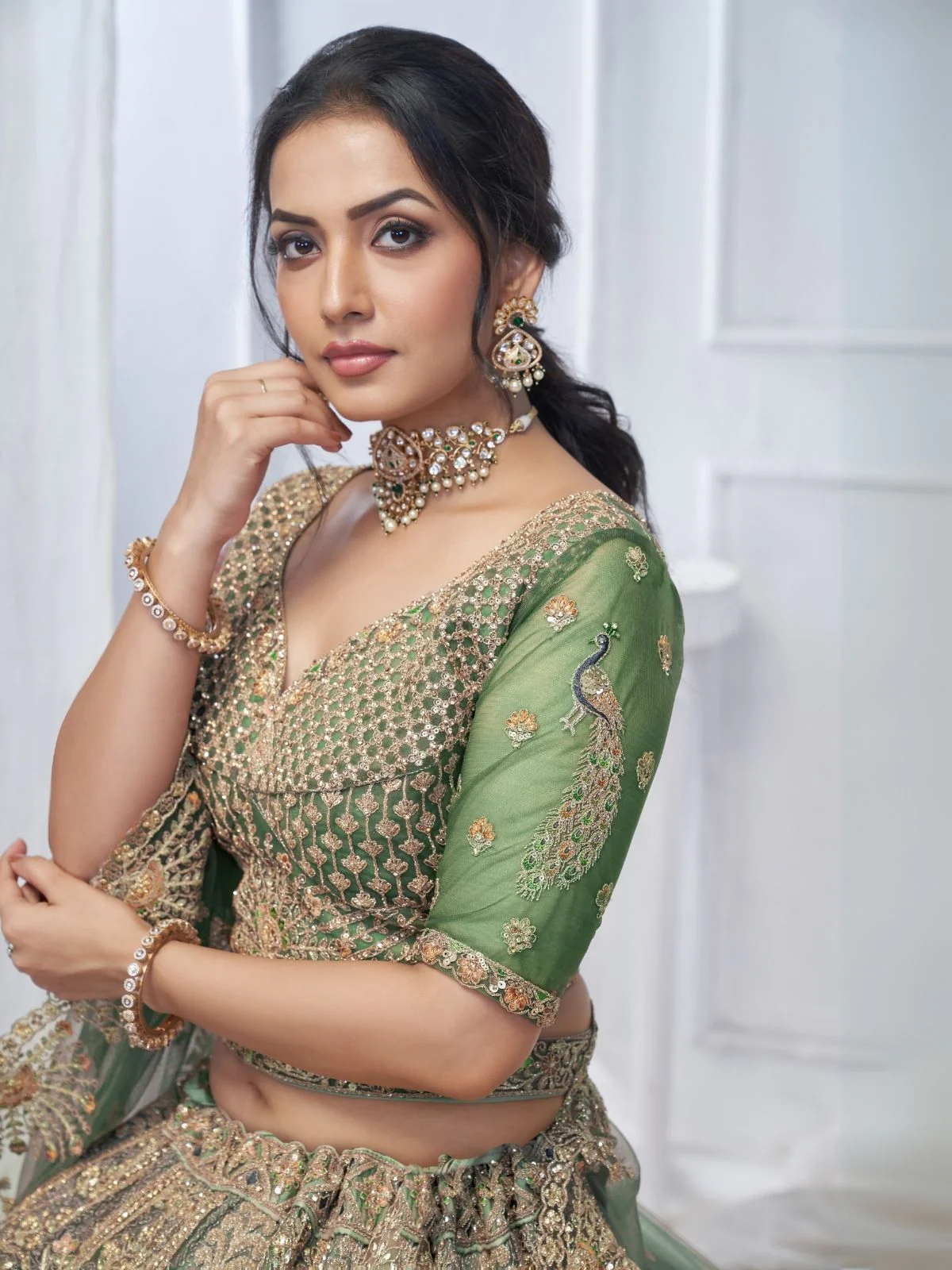 Odette Green And Gold Soft Net Embroidered Semi-Stitched Lehenga With Unstitched Blouse For Women - Image 6