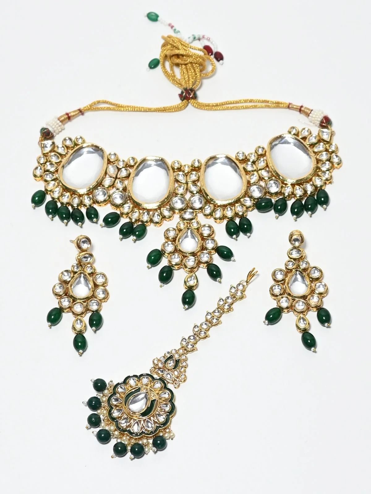 Odette Green And Golden Alloy Beaded Pearl And Kundan Jewellery Set For Women - Image 3