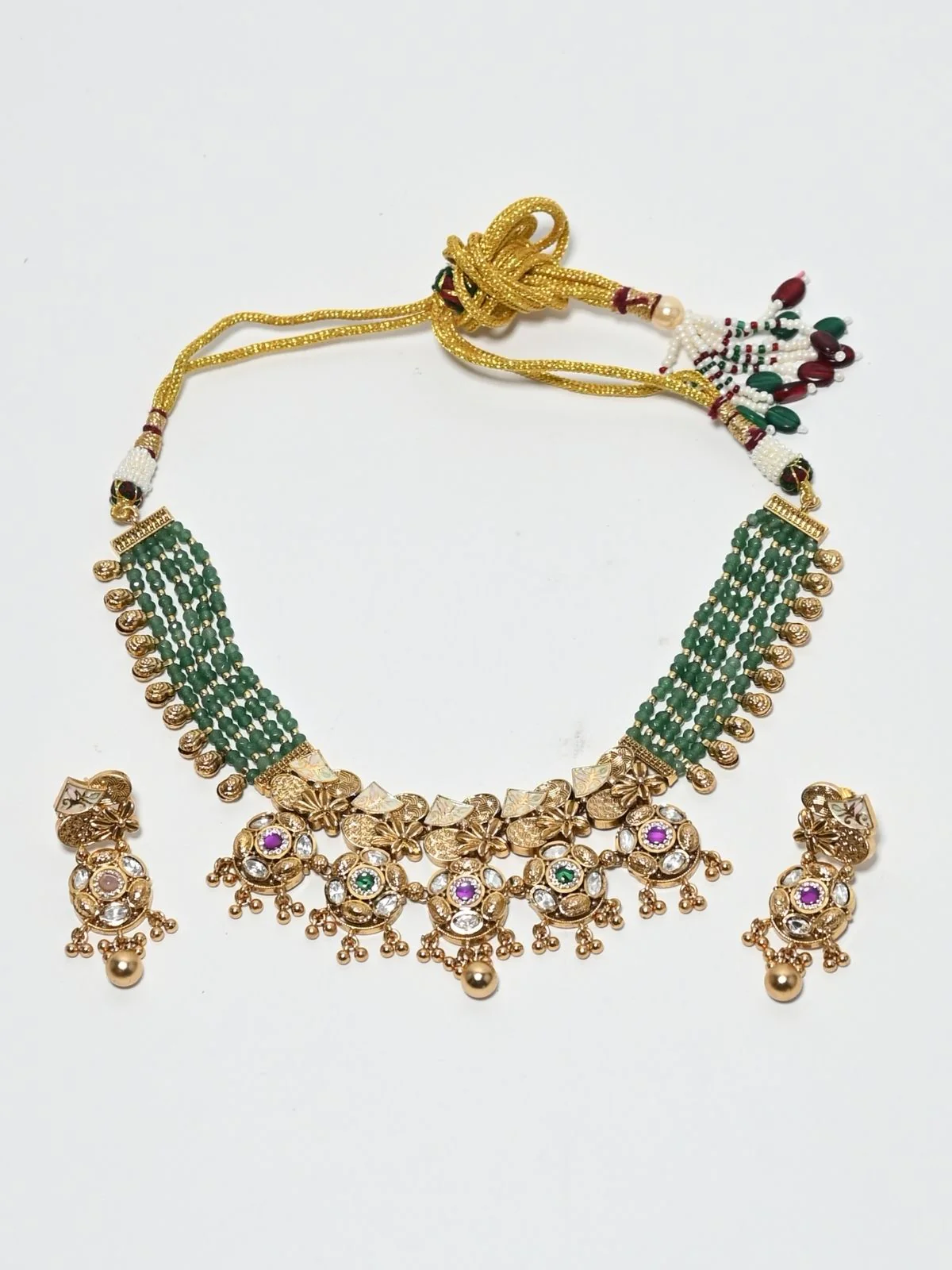 Odette Green And Golden Alloy Beaded Pearl Jewellery Set For Women - Image 3