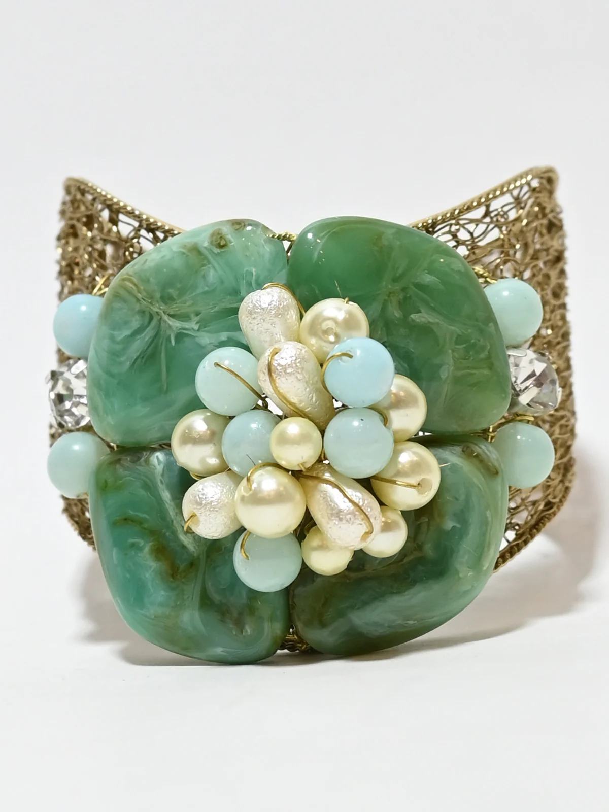 Odette Green And Golden Alloy Pearl And Stone Cuff Bracelet For Women - Image 2