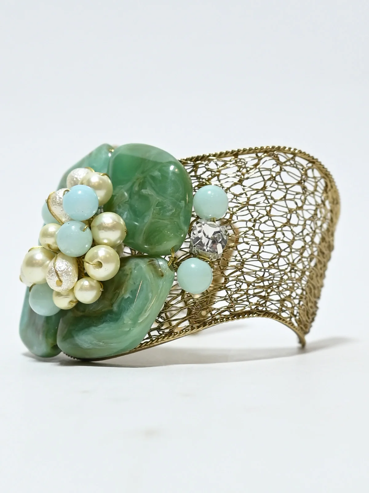 Odette Green And Golden Alloy Pearl And Stone Cuff Bracelet For Women - Image 3