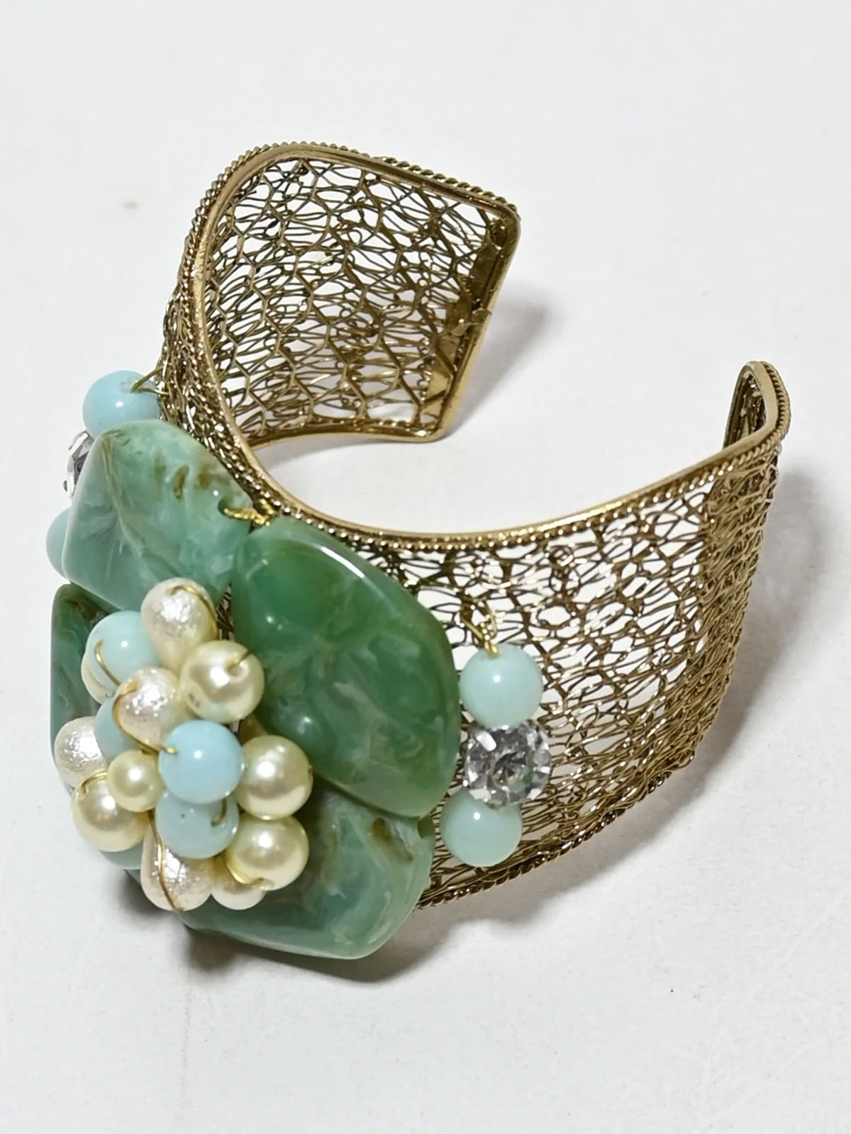 Odette Green And Golden Alloy Pearl And Stone Cuff Bracelet For Women - Image 5