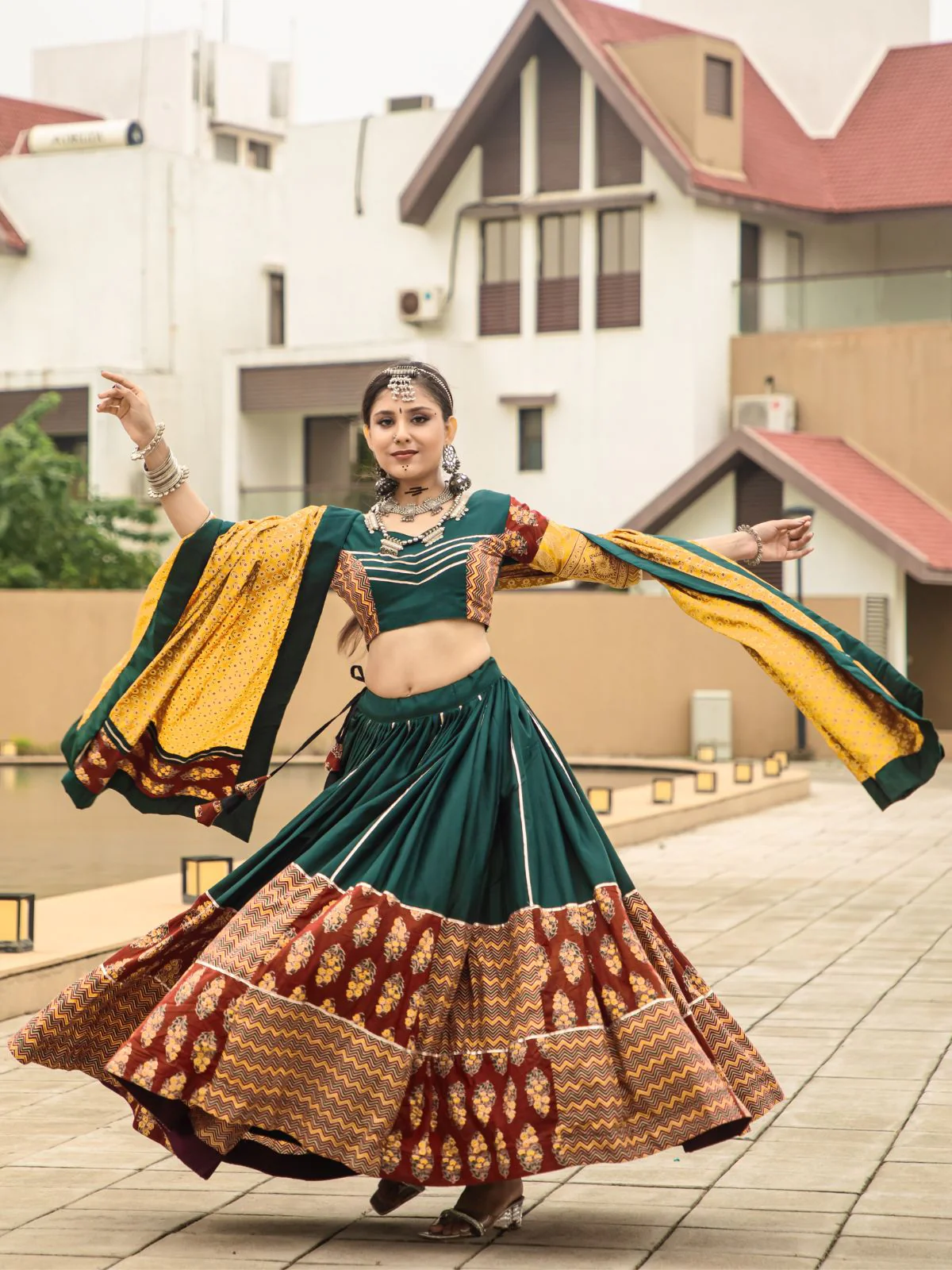 Odette Green And Maroon Printed Cotton Stitched Lehenga With Stitched Blouse And Dupatta For Women - Image 2