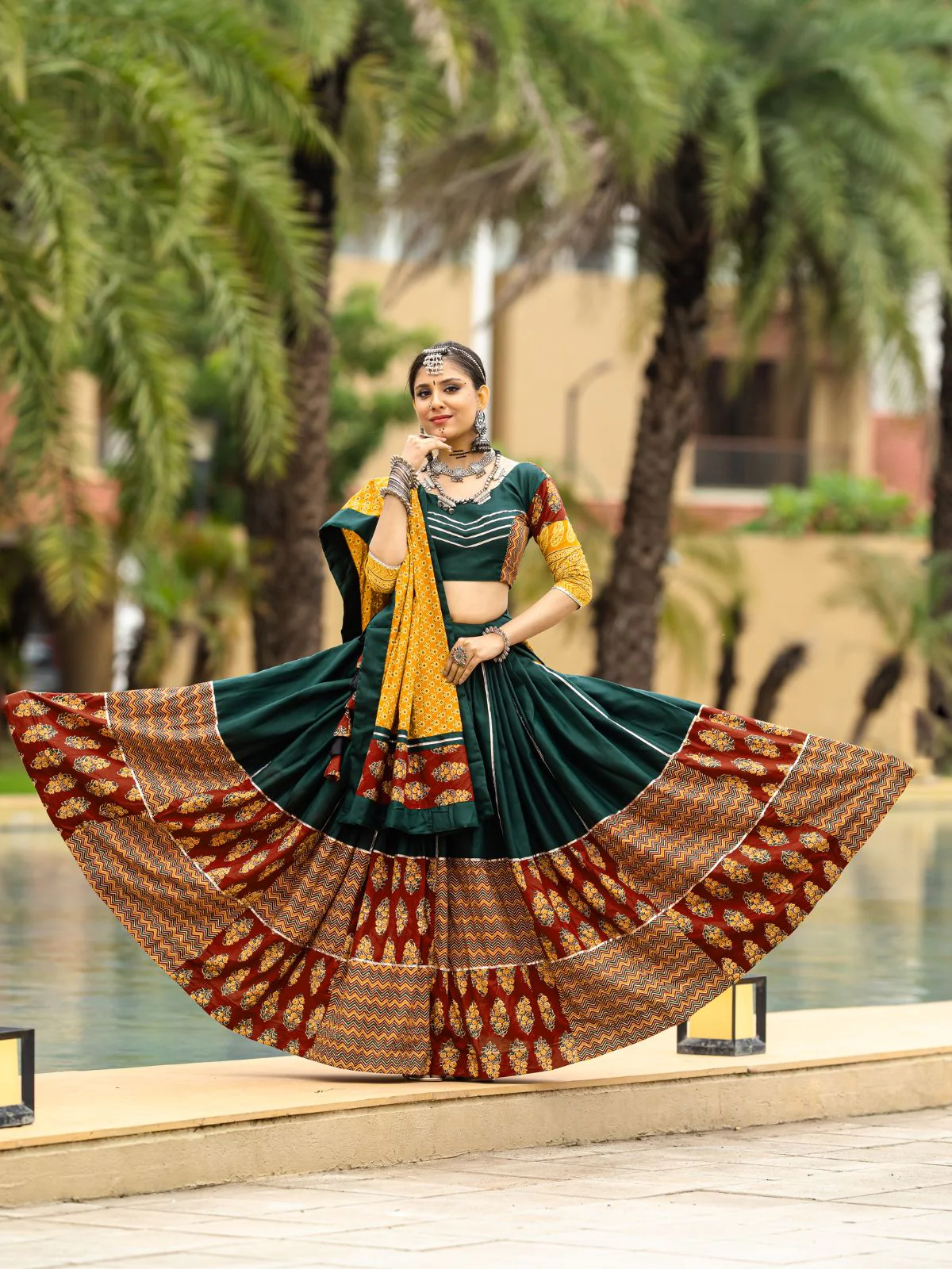Odette Green And Maroon Printed Cotton Stitched Lehenga With Stitched Blouse And Dupatta For Women - Image 3