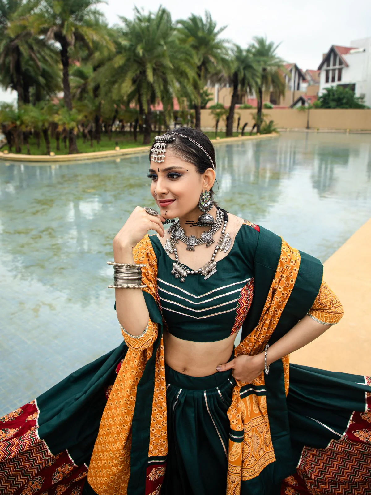 Odette Green And Maroon Printed Cotton Stitched Lehenga With Stitched Blouse And Dupatta For Women - Image 5