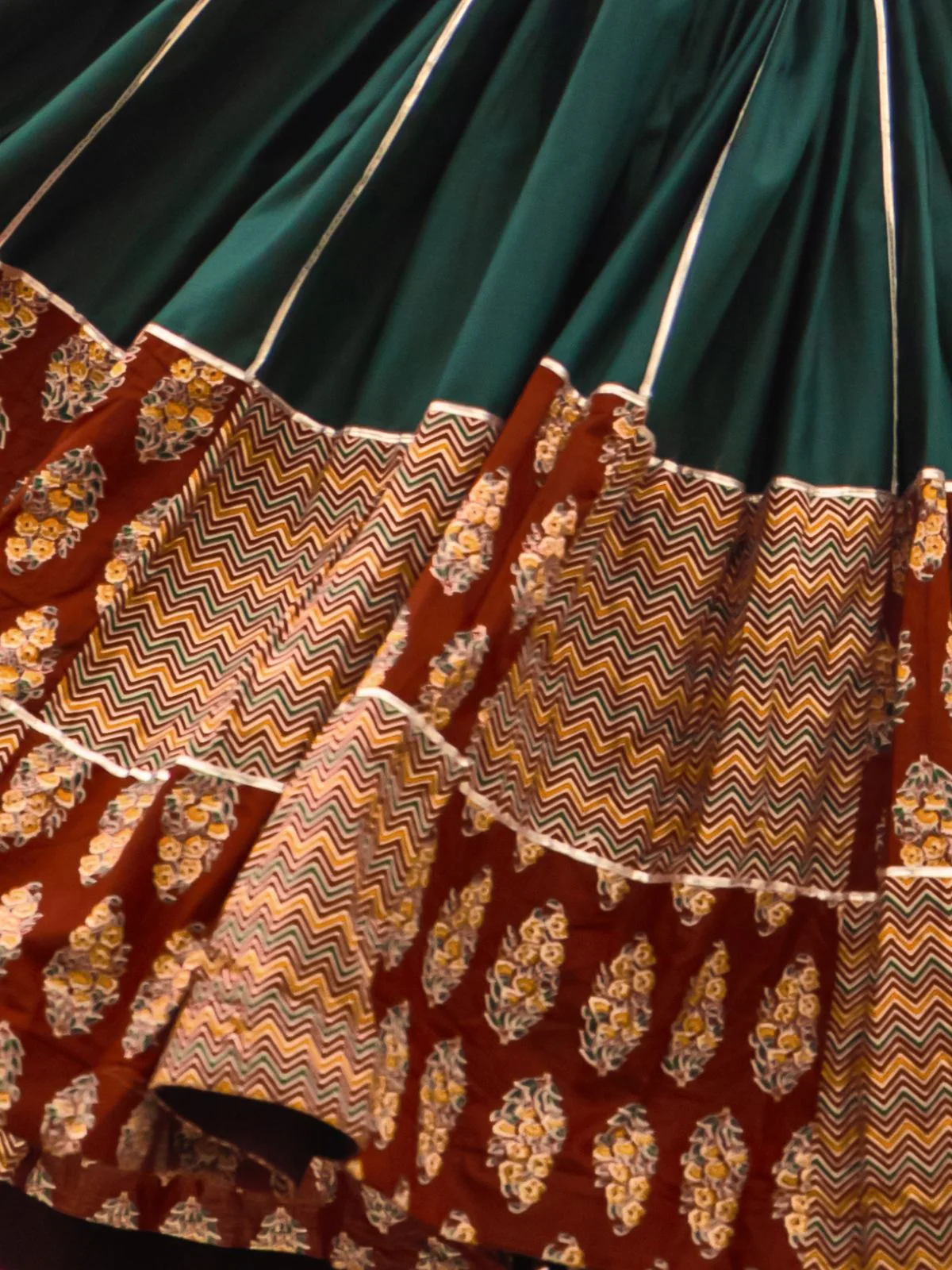 Odette Green And Maroon Printed Cotton Stitched Lehenga With Stitched Blouse And Dupatta For Women - Image 7