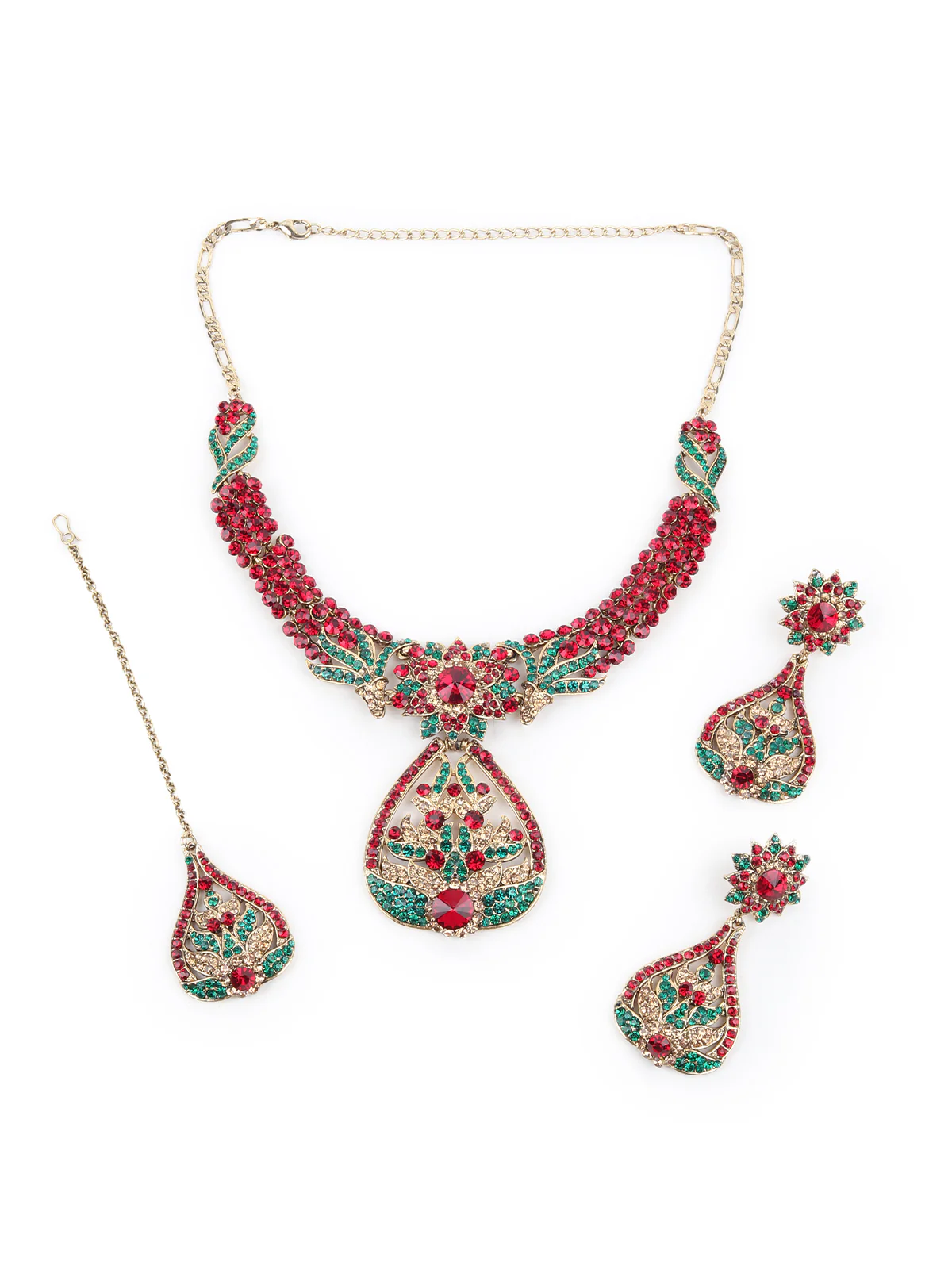 Odette Green and Maroon Stone Embellished Necklace Set with Maangtika for Women - Image 4