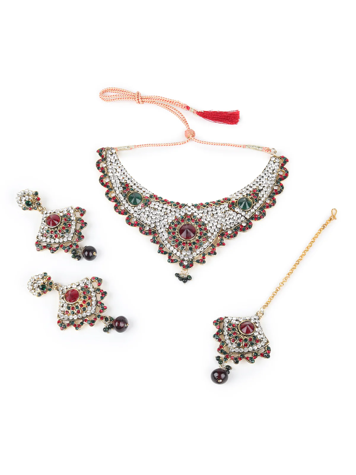 Odette Green and Maroon Stone Studded Necklace Set with Maangtika for Women - Image 4
