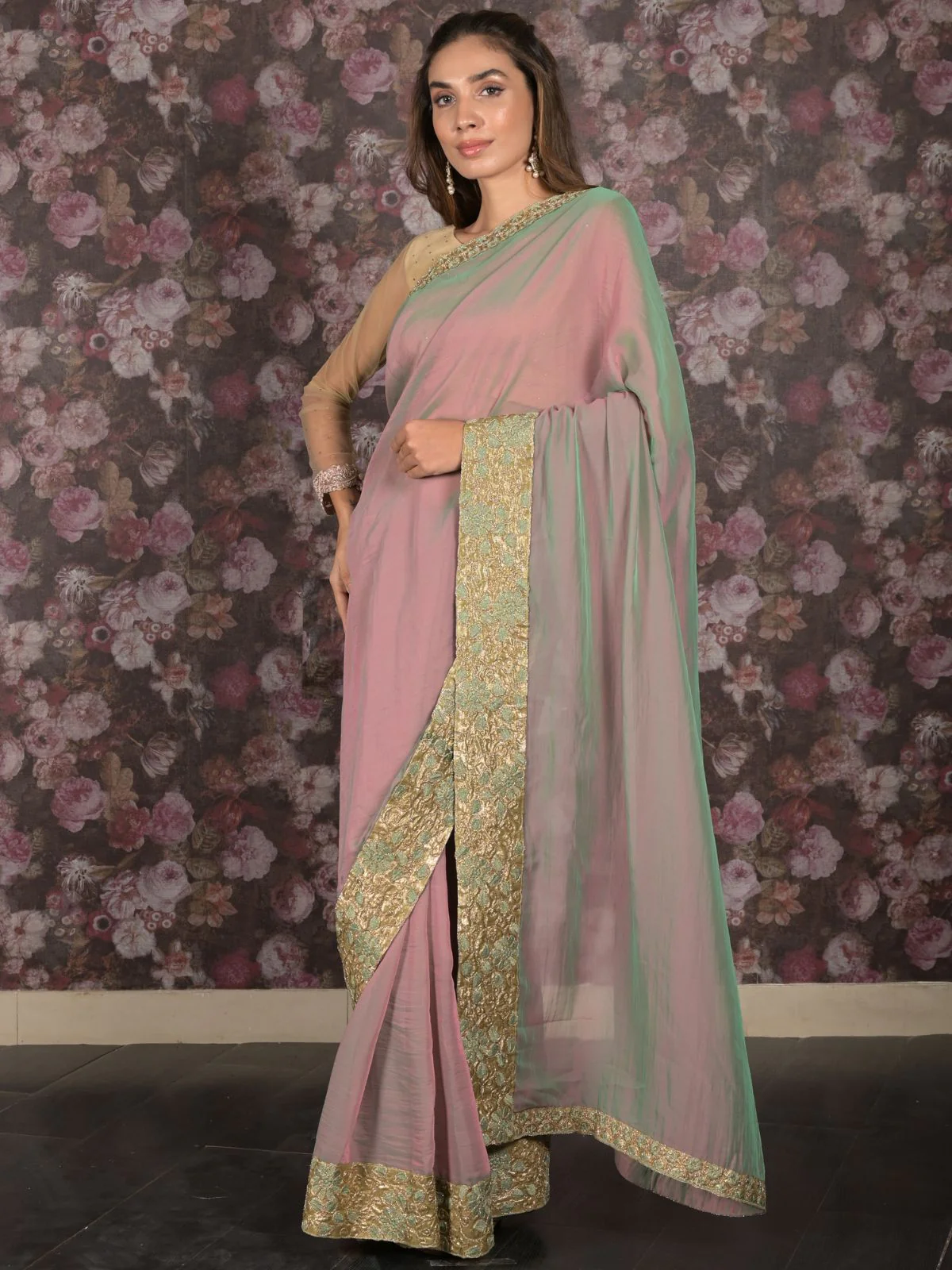 Odette Green and Pink Double Shaded Embroidered Crepe Saree with Unstitched Blouse for Women - Image 2