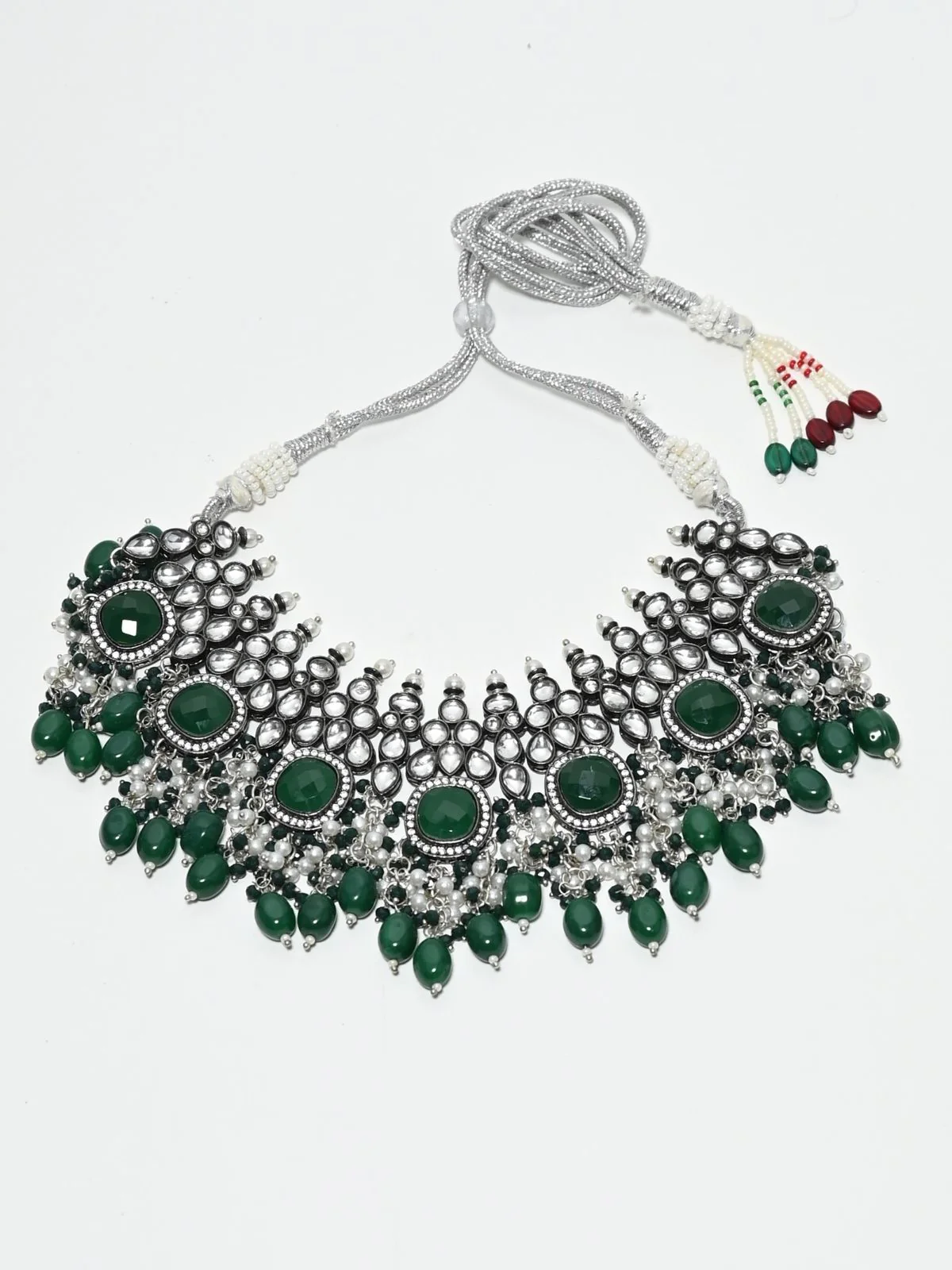 Odette Green And Silver Alloy Kundan And Stone Jewellery Set For Women - Image 4