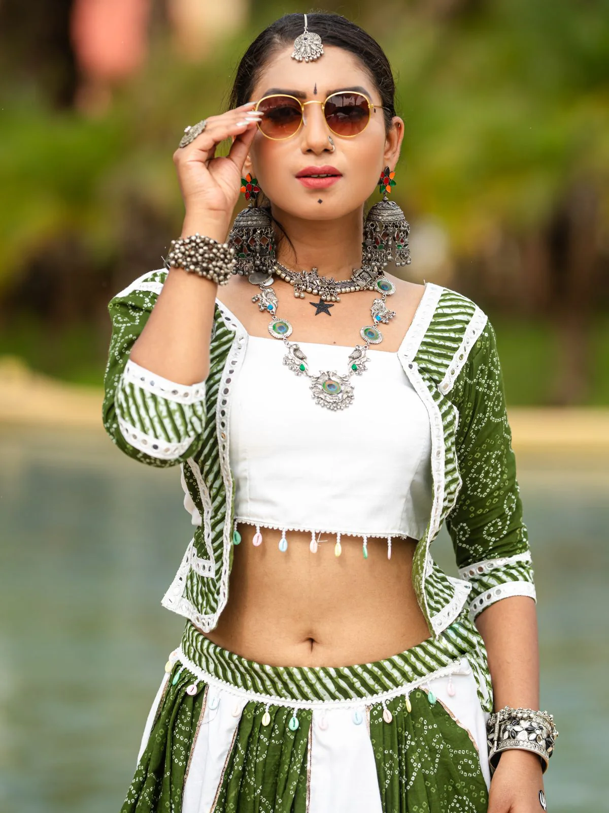 Odette Green And White Printed Cotton Stitched Lehenga With Blouse For Women - Image 4