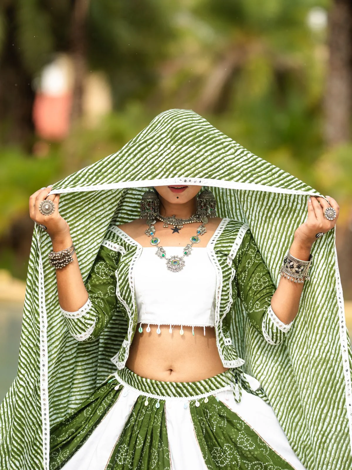 Odette Green And White Printed Cotton Stitched Lehenga With Blouse For Women - Image 5