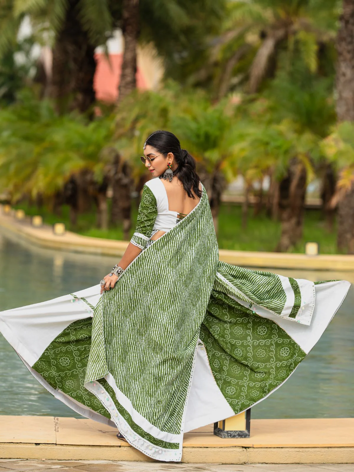 Odette Green And White Printed Cotton Stitched Lehenga With Blouse For Women - Image 6