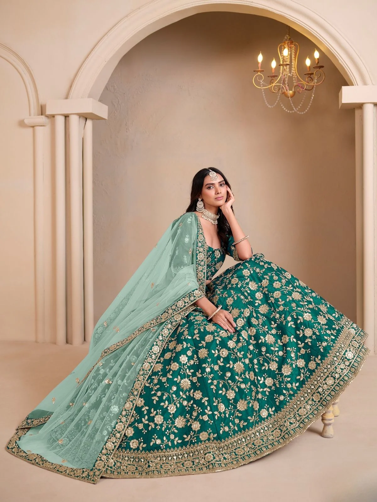 Odette Green Art Silk Embroidered Semi-Stitched lehenga For Women - Image 2