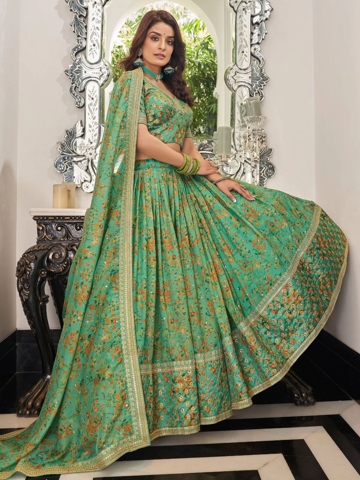 Odette Green Art Silk Embroidered Semi Stitched Lehenga With Blouse For Women - Image 2