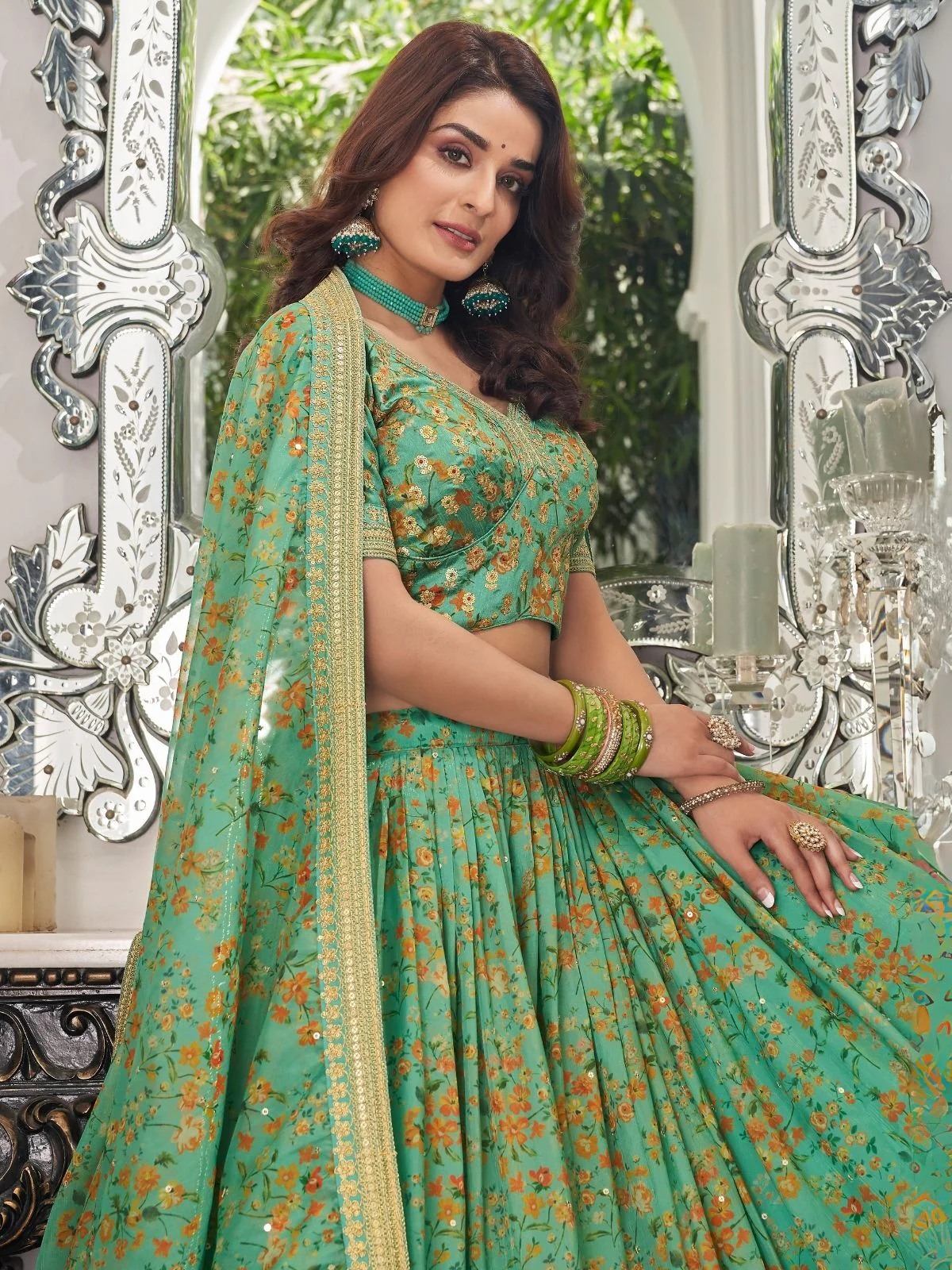 Odette Green Art Silk Embroidered Semi Stitched Lehenga With Blouse For Women - Image 3