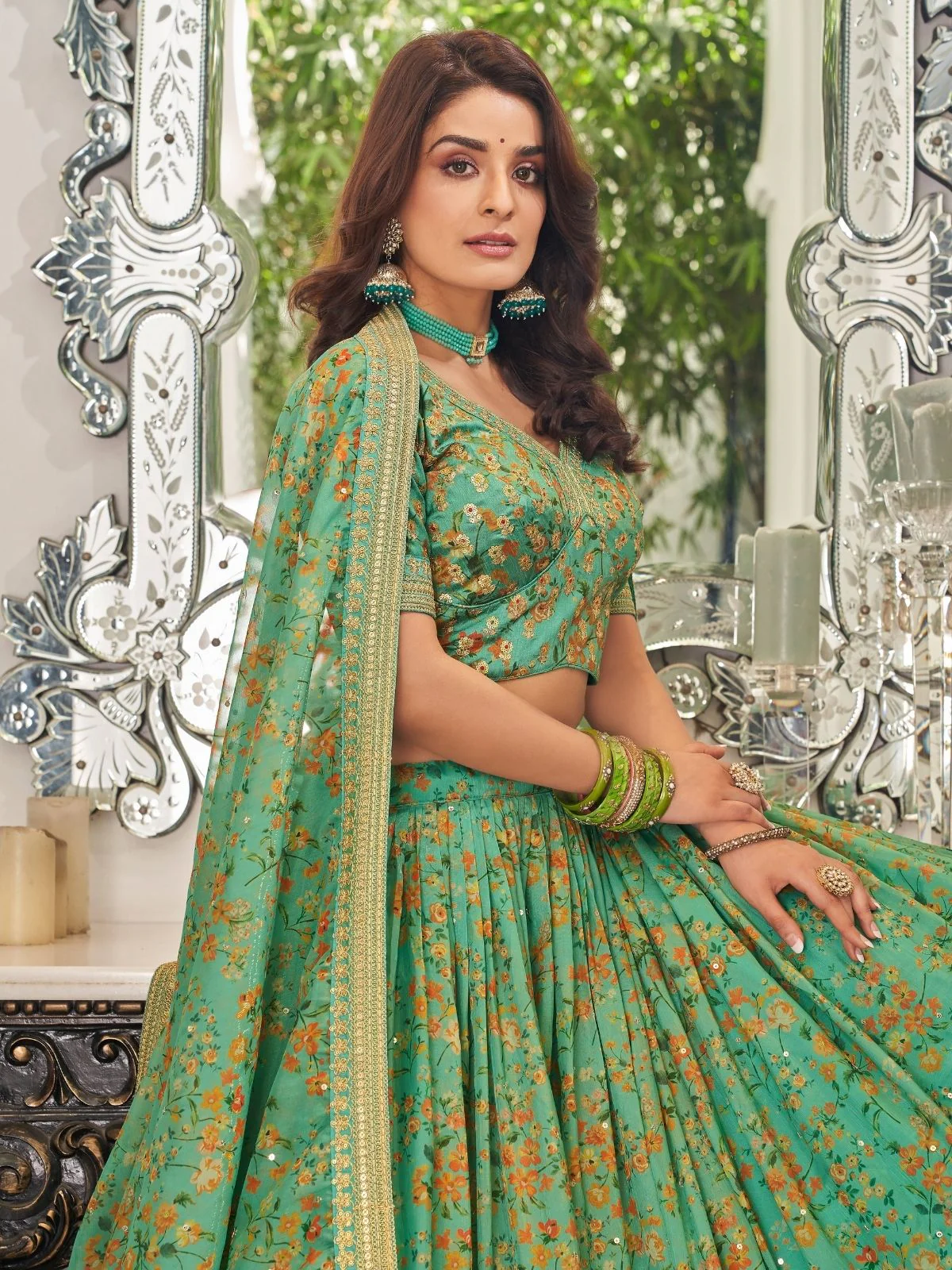Odette Green Art Silk Embroidered Semi Stitched Lehenga With Blouse For Women - Image 4
