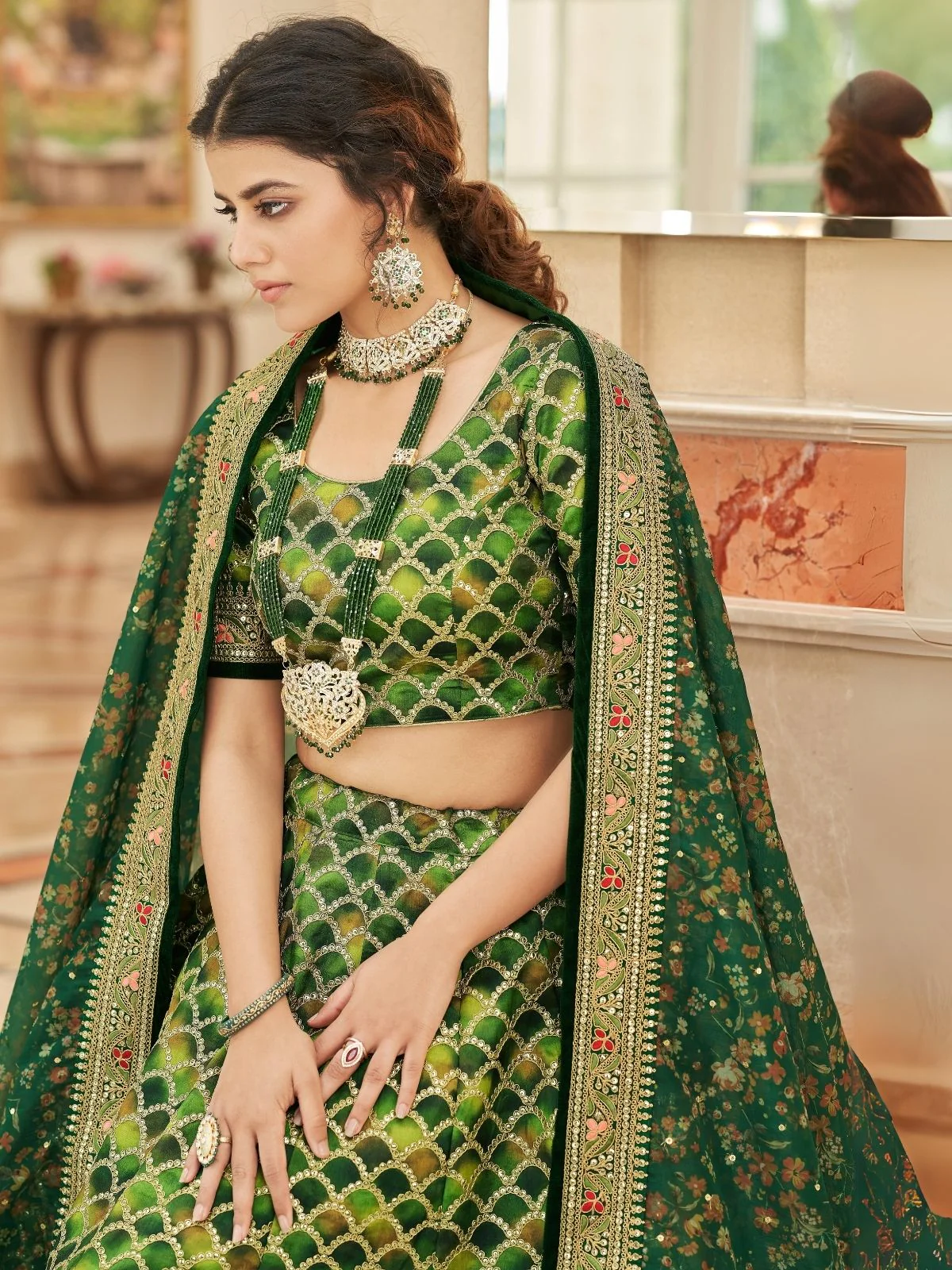 Odette Green Art Silk Embroidered Semi Stitched Lehenga With Blouse For Women - Image 3