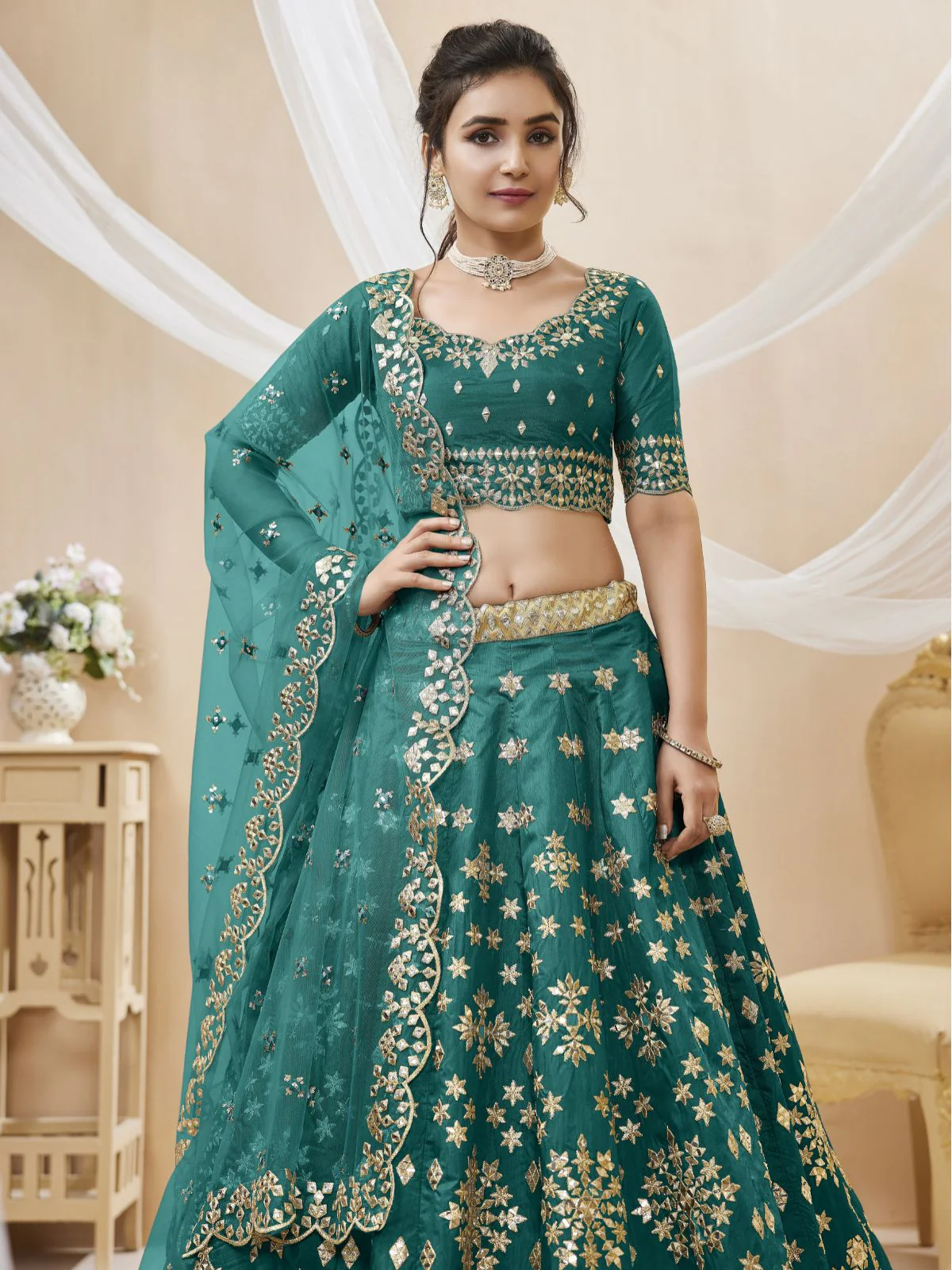Odette Green Art Silk Embroidered Semi Stitched Lehenga With Unstitched Blouse For Women - Image 4
