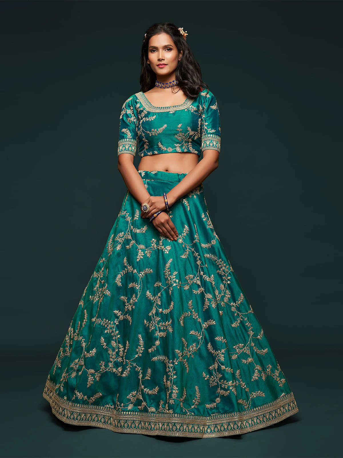 Odette Green Art Silk Embroidered Semi Stitched Lehenga With Unstitched Blouse For Women - Image 2