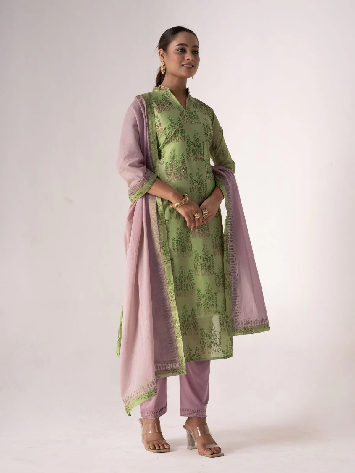 Odette Green Art Silk Printed Semi-Stitched Kurta Set For Women - Image 2