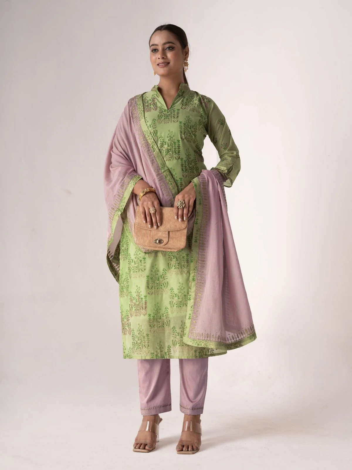 Odette Green Art Silk Printed Semi-Stitched Kurta Set For Women - Image 3