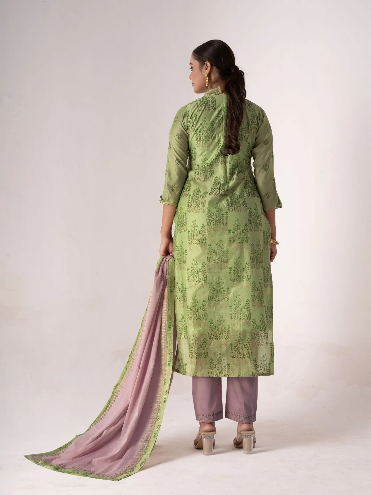 Odette Green Art Silk Printed Semi-Stitched Kurta Set For Women - Image 5