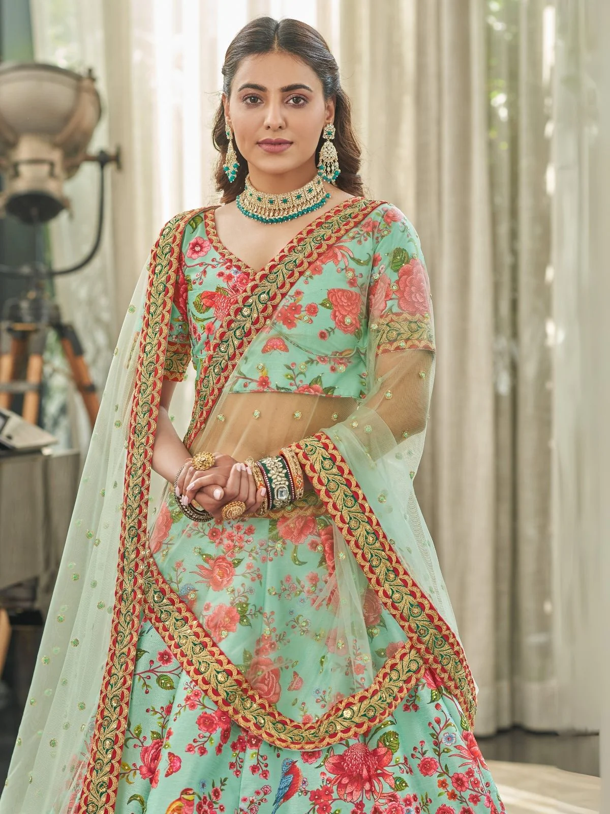 Odette Green Art Silk Printed Semi Stitched Lehenga With Blouse Unstitched For Women - Image 3
