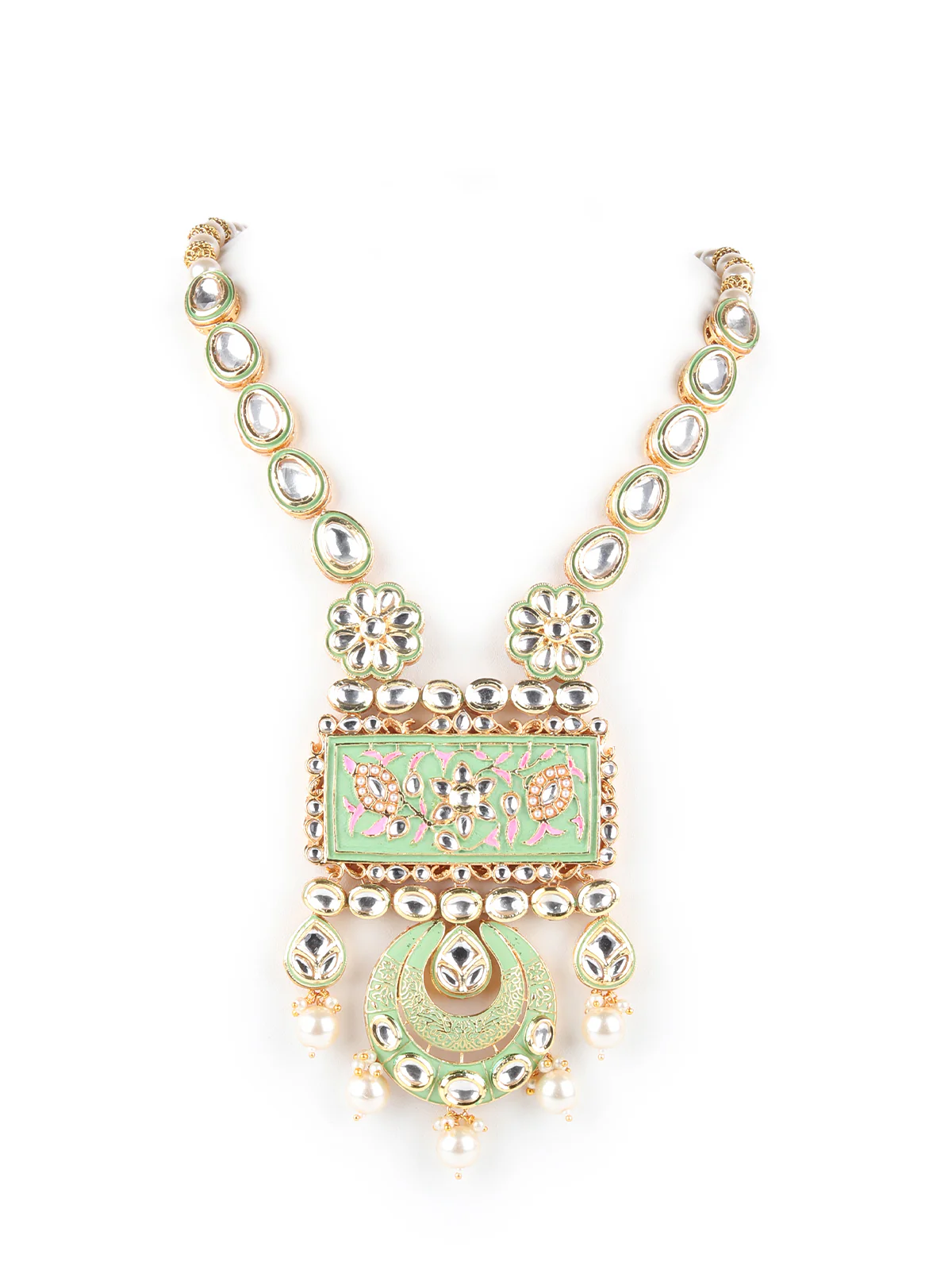 Odette Green Beads And Kundan Embellished Long Neck Piece For Women - Image 3
