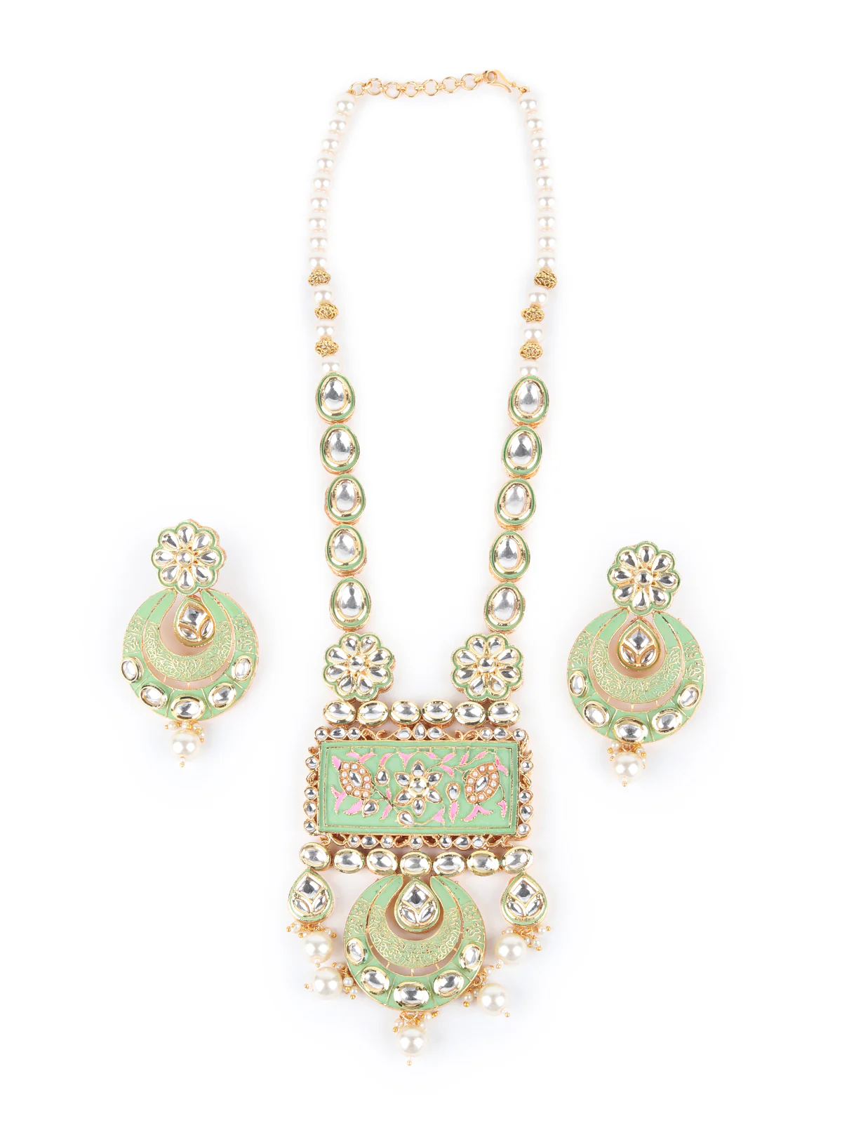 Odette Green Beads And Kundan Embellished Long Neck Piece For Women - Image 4
