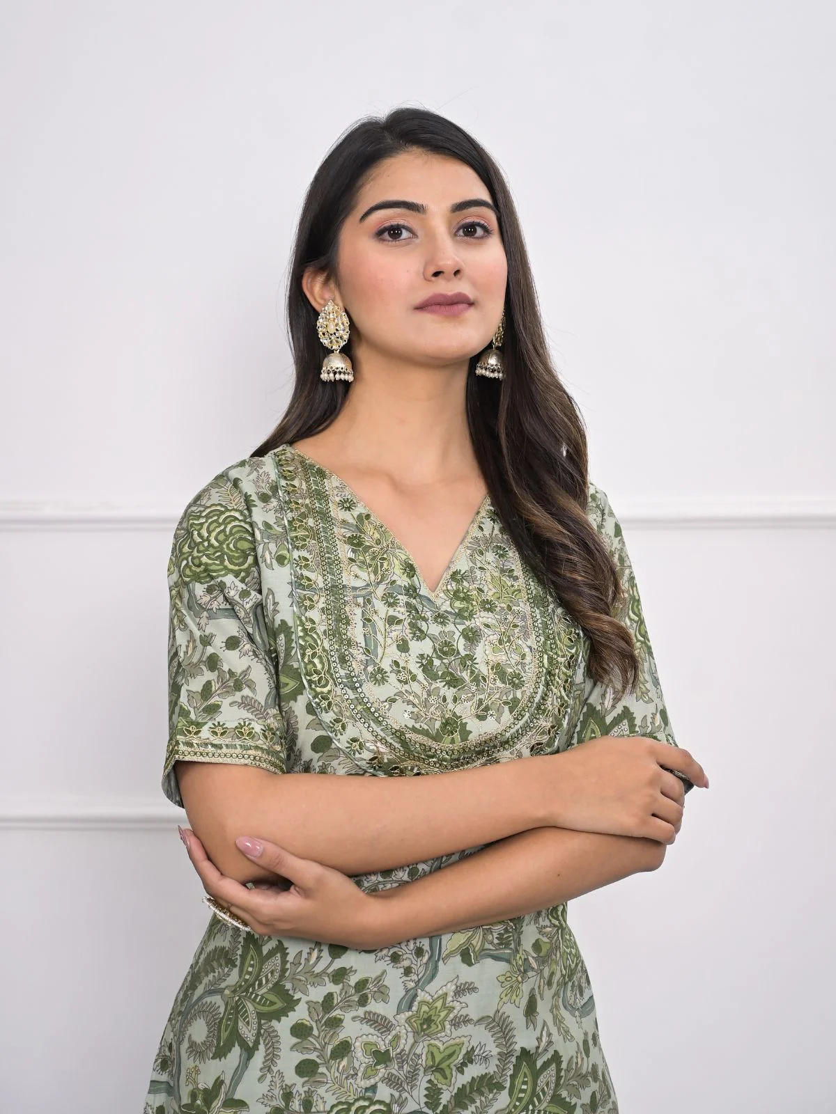 Odette Green Chanderi Embroidered And Printed Stitched Kurta Set Without Dupatta For Women - Image 3