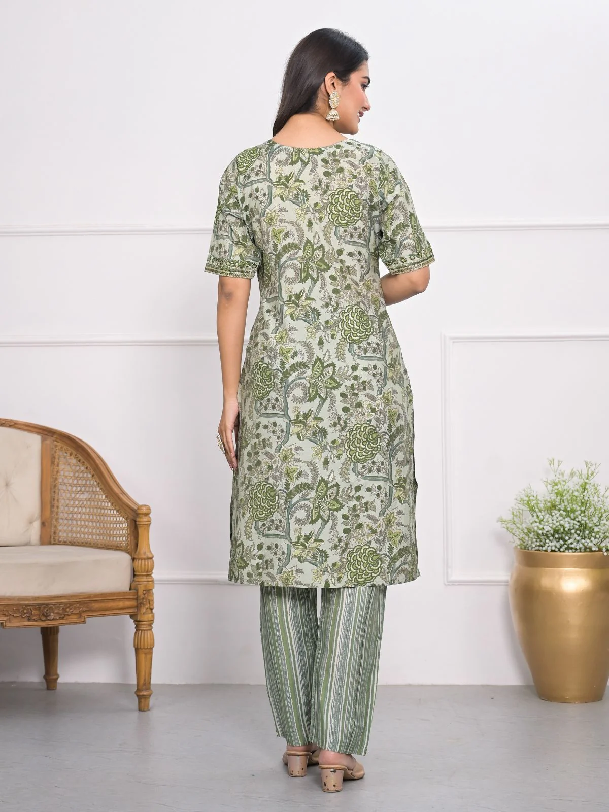 Odette Green Chanderi Embroidered And Printed Stitched Kurta Set Without Dupatta For Women - Image 4