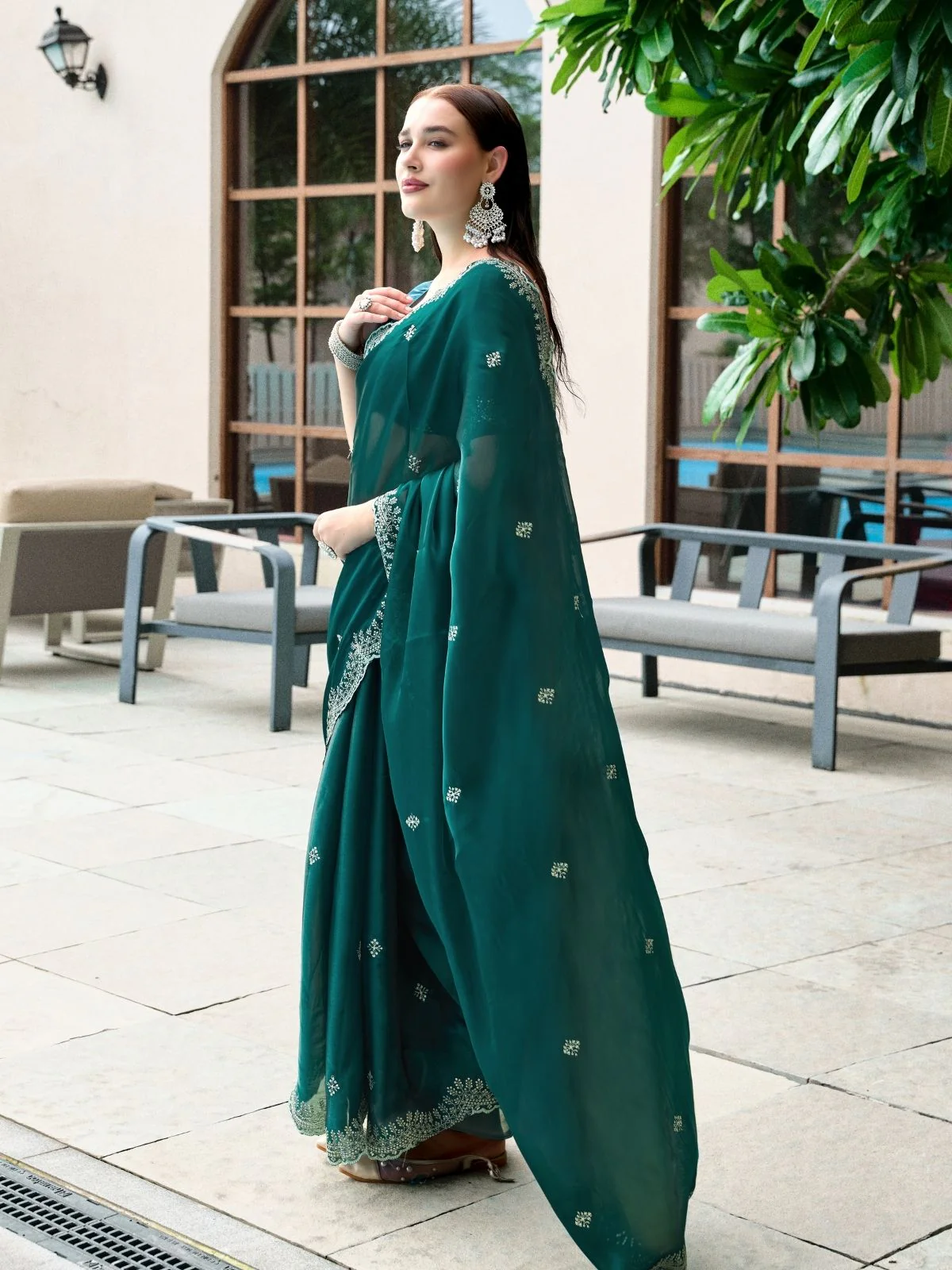 Odette Green Chiffon Embellished Saree For Women - Image 2