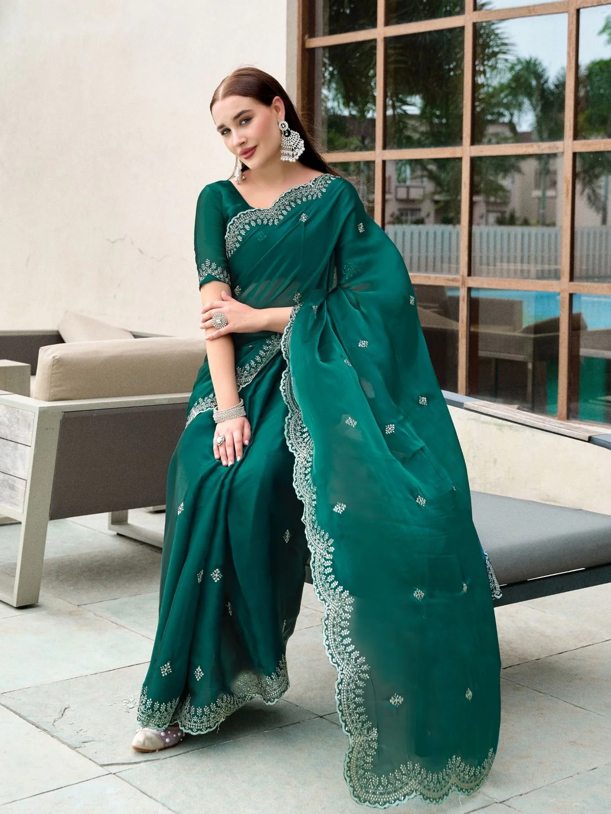 Odette Green Chiffon Embellished Saree For Women - Image 3
