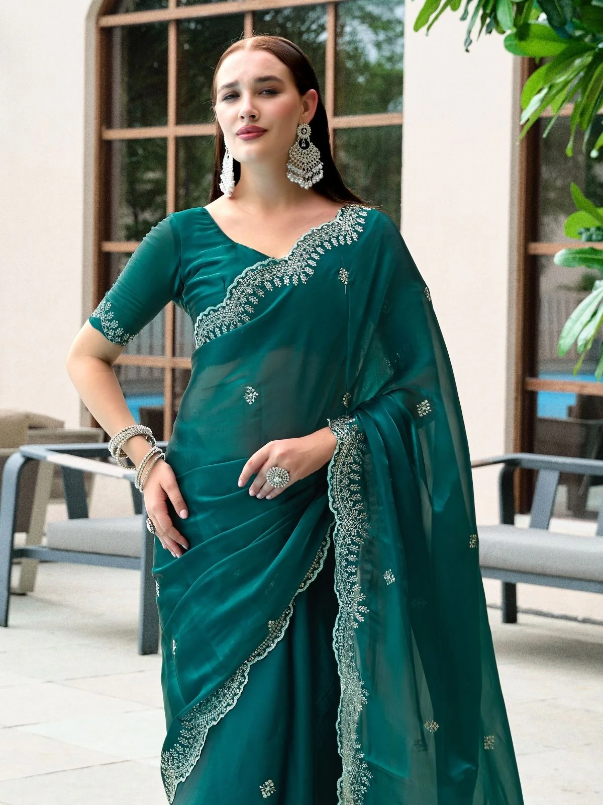 Odette Green Chiffon Embellished Saree For Women - Image 5