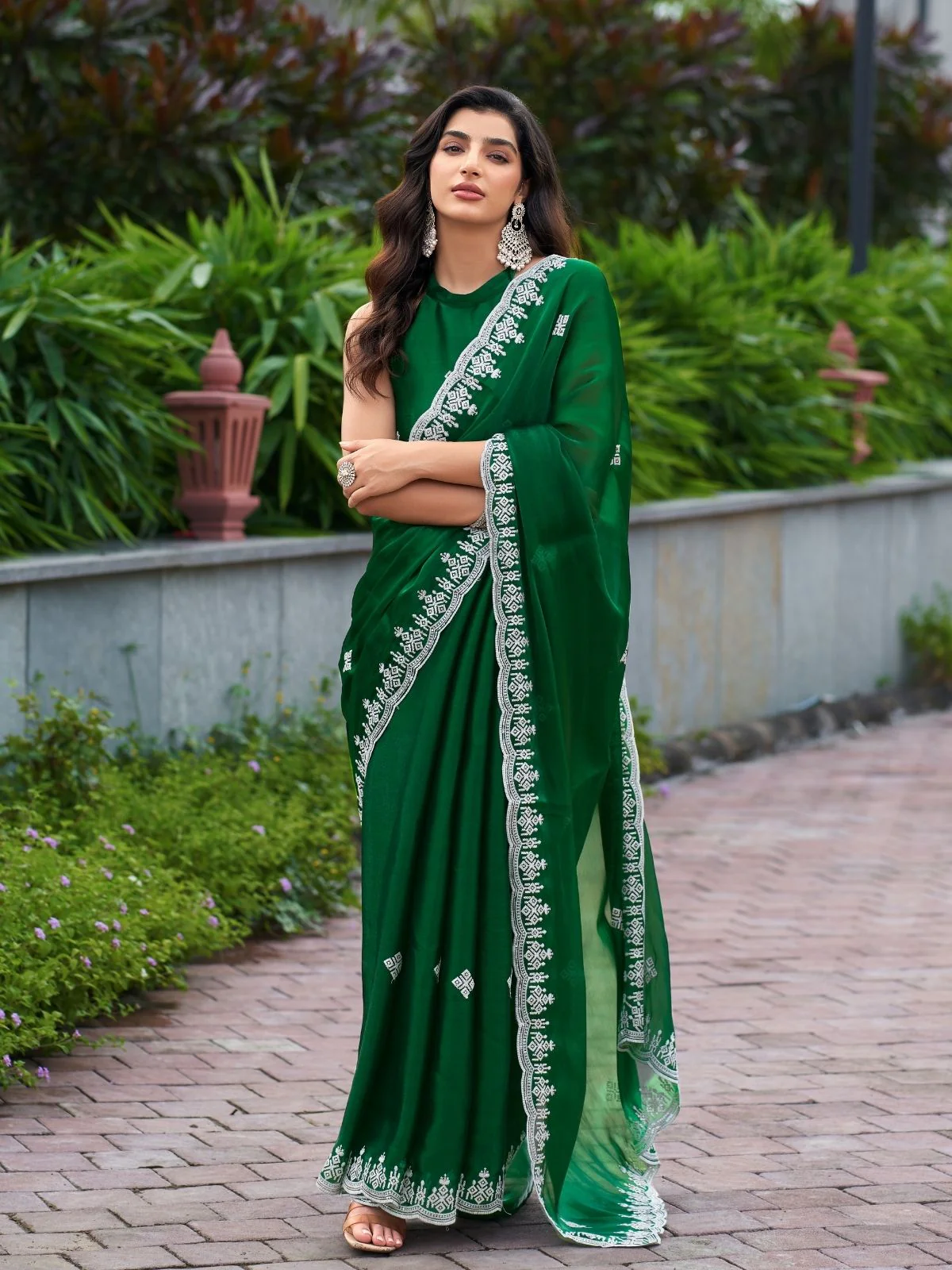 Odette Green Chiffon Embroidered Saree For Women - Image 3