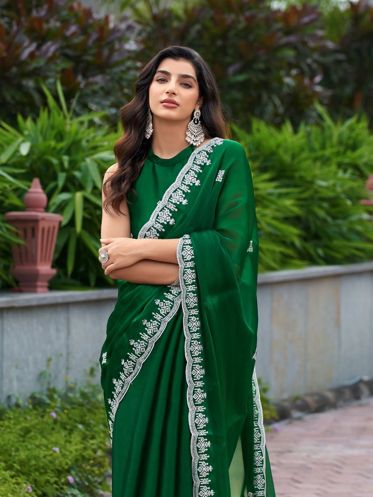 Odette Green Chiffon Embroidered Saree For Women - Image 5