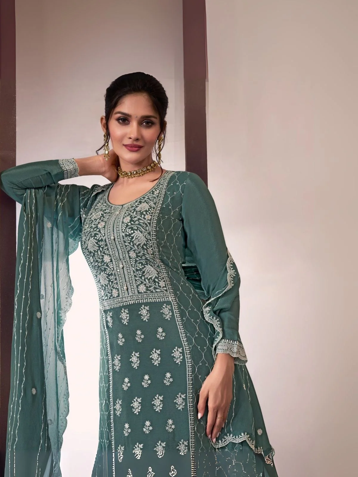 Odette Green Chiffon Embroidered Semi Stitched Kurta Set For Women - Image 2