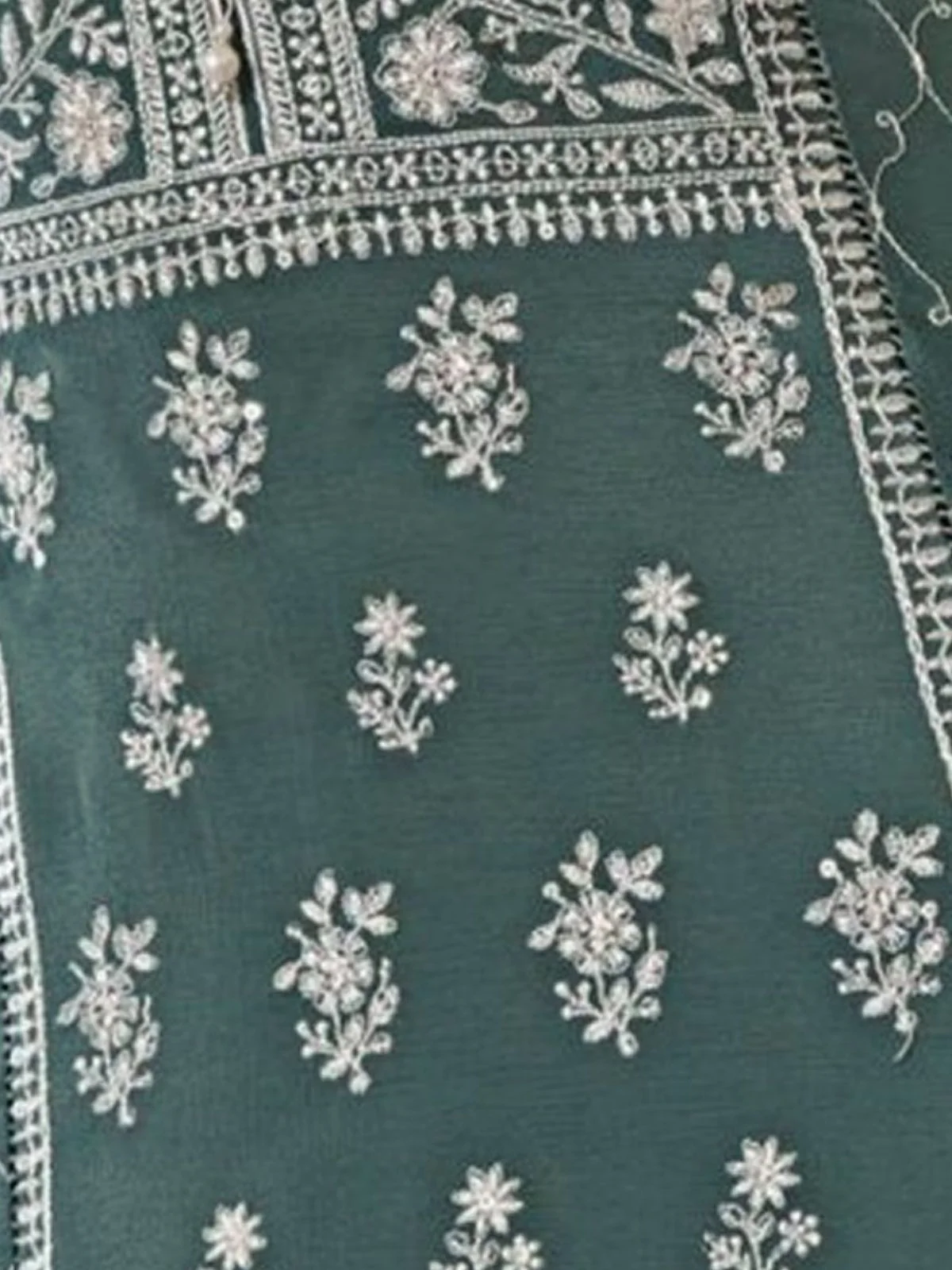 Odette Green Chiffon Embroidered Semi Stitched Kurta Set For Women - Image 3