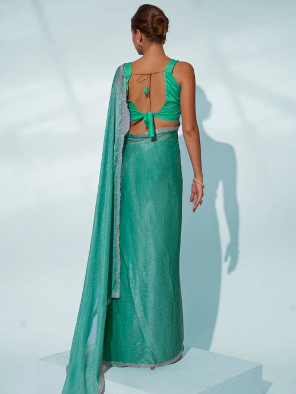 Odette Green Chiffon Lace Work Saree With Unstitched Blouse For Women - Image 5