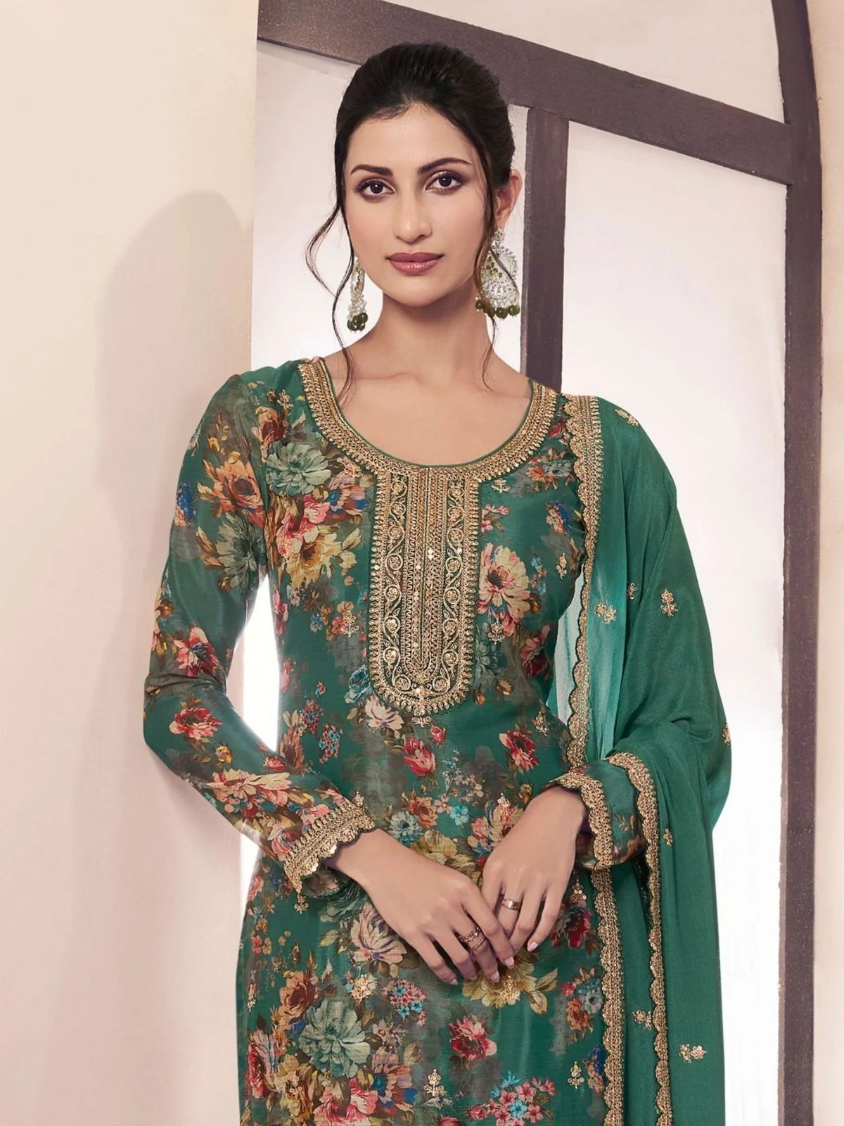 Odette Green Chiffon Printed And Embroidered Semi Stitched Kurta Set For Women - Image 2