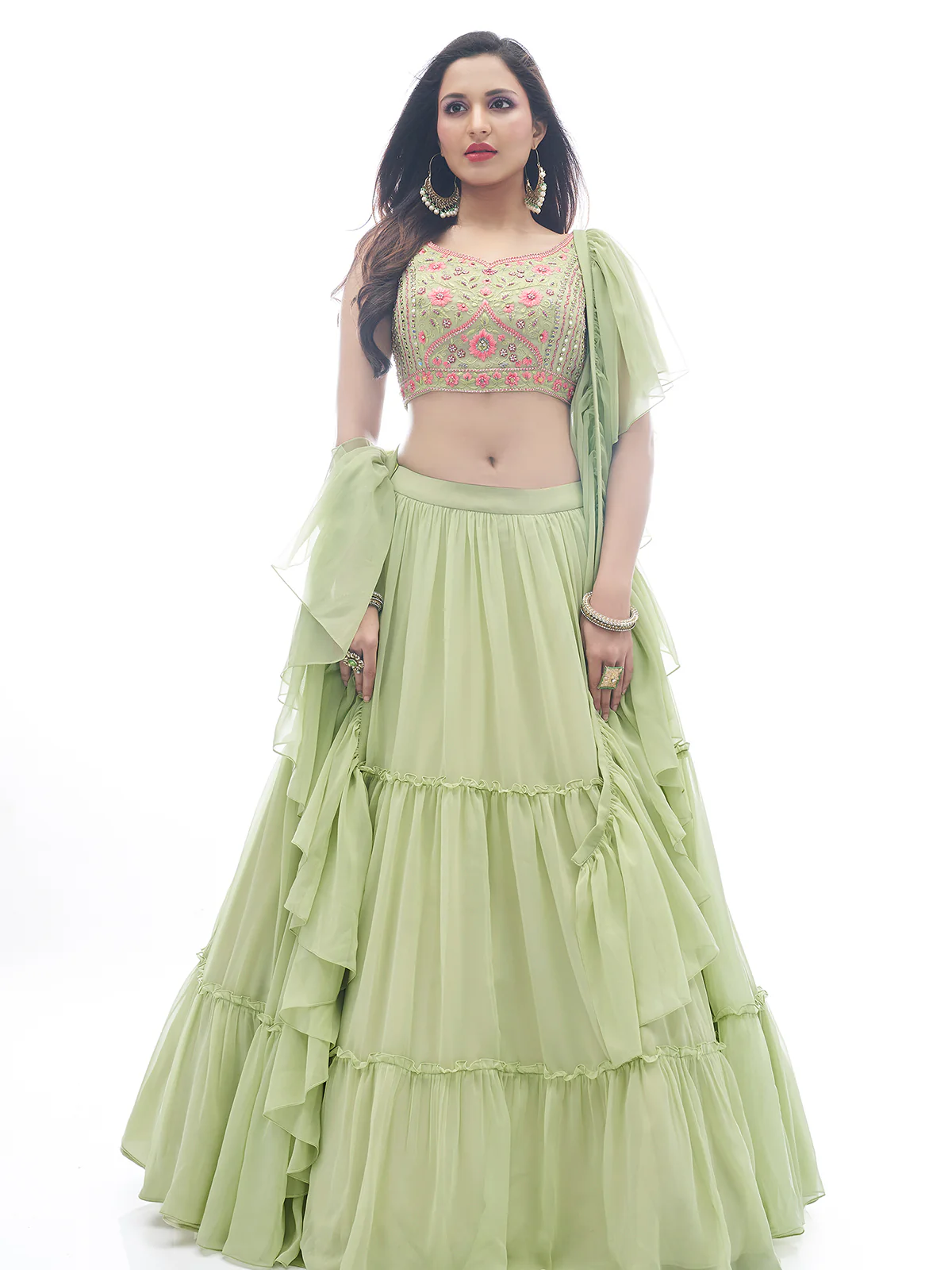 Odette Green Georgette Embellished Stitched Lehenga With Stitched Blouse For Women