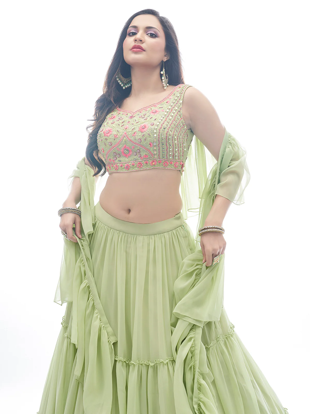 Odette Green Georgette Embellished Stitched Lehenga With Stitched Blouse For Women - Image 3