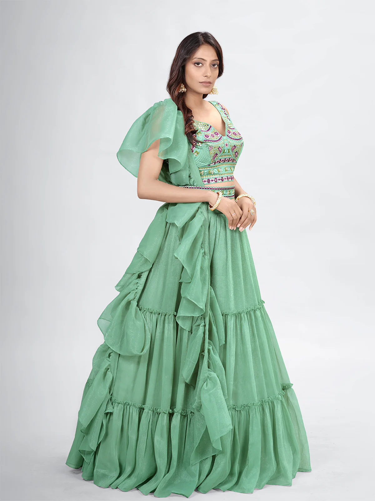 Odette Green Chiffon Embellished Stitched Lehenga With Stitched Blouse For Women - Image 2