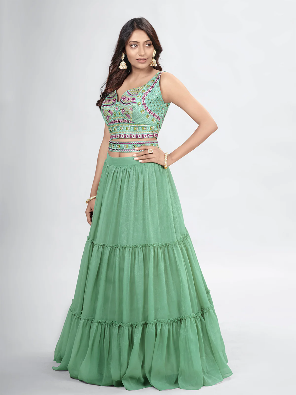 Odette Green Chiffon Embellished Stitched Lehenga With Stitched Blouse For Women - Image 3