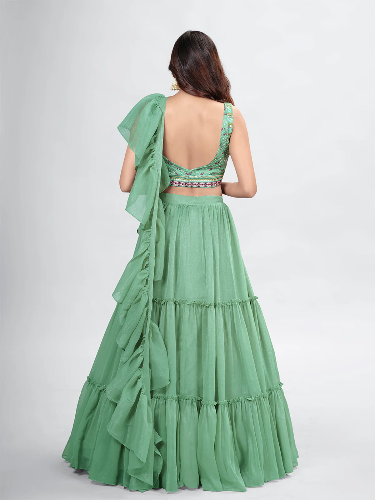 Odette Green Chiffon Embellished Stitched Lehenga With Stitched Blouse For Women - Image 5