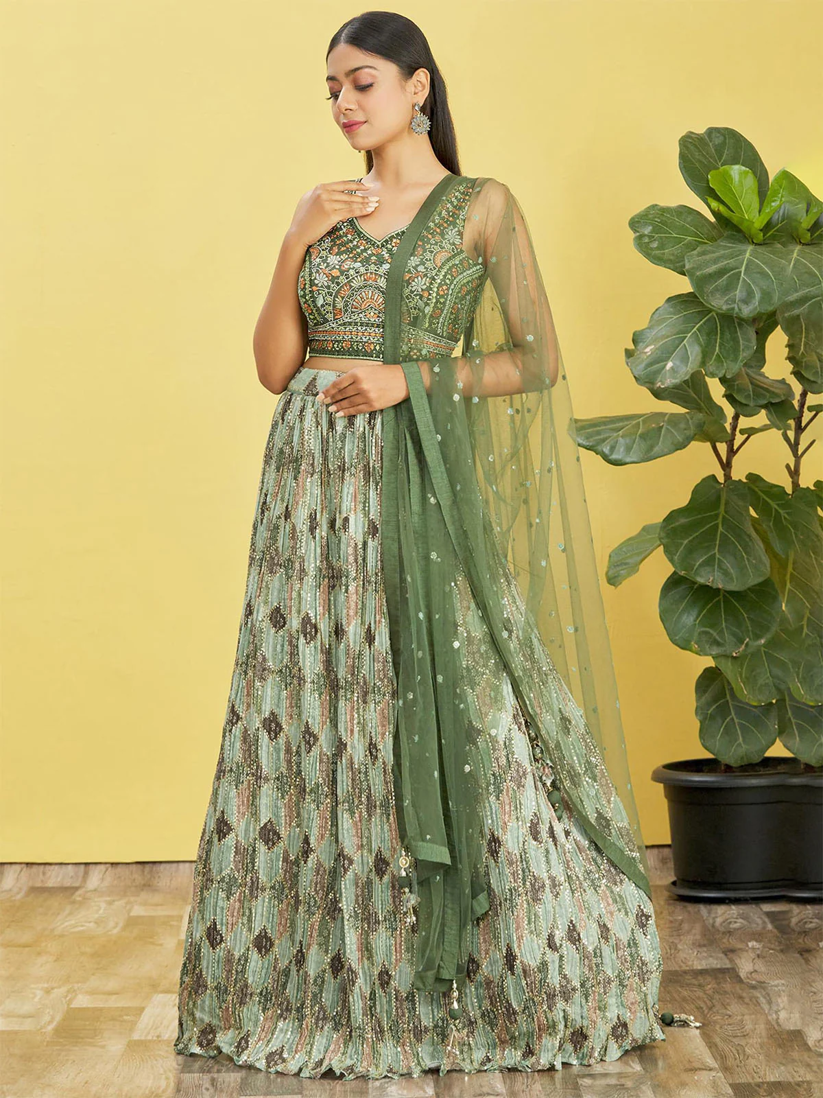 Odette Green Chinon Embellished Semi Stitched Lehenga With Unstitched Blouse For Women - Image 2