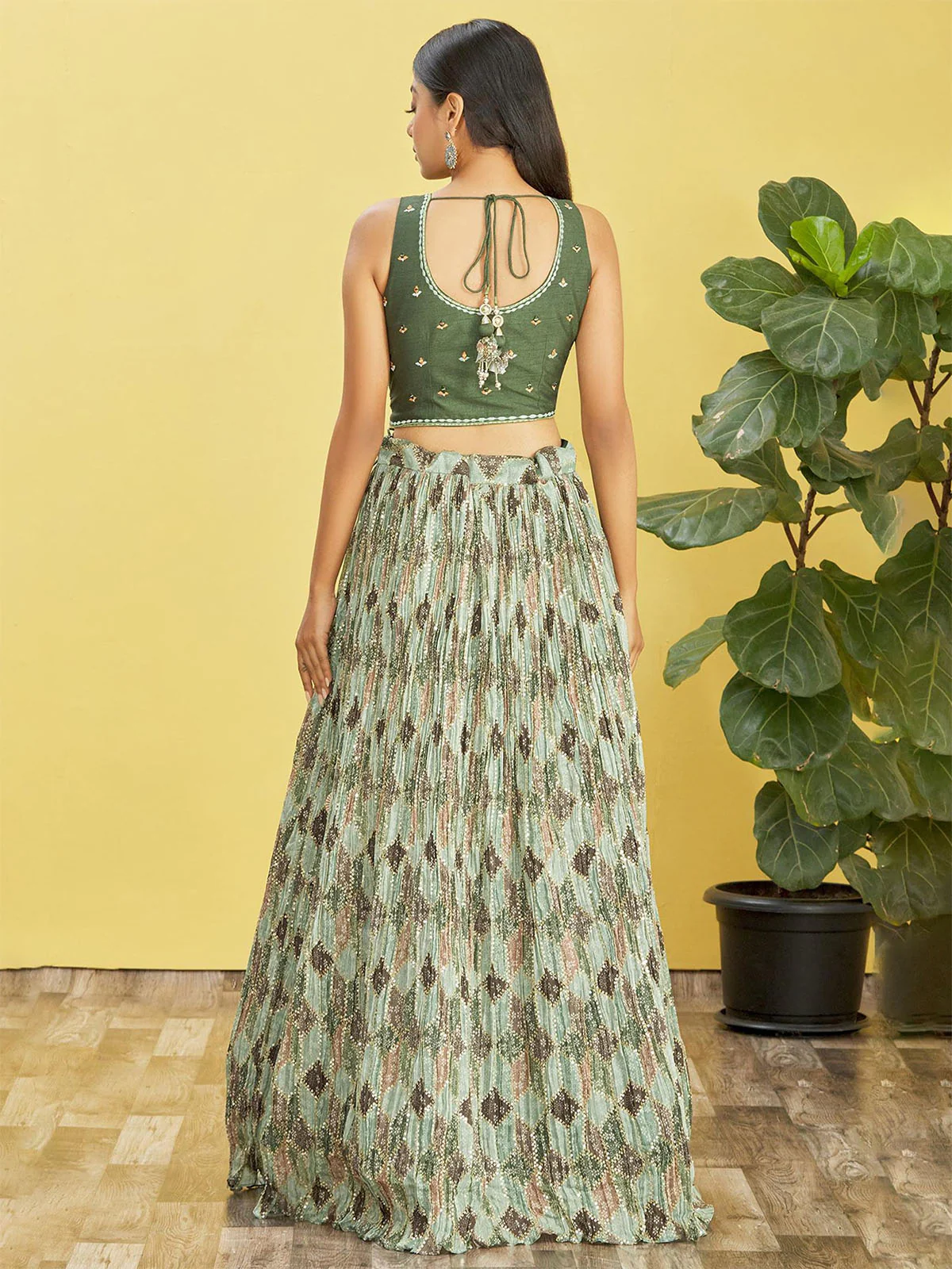 Odette Green Chinon Embellished Semi Stitched Lehenga With Unstitched Blouse For Women - Image 3