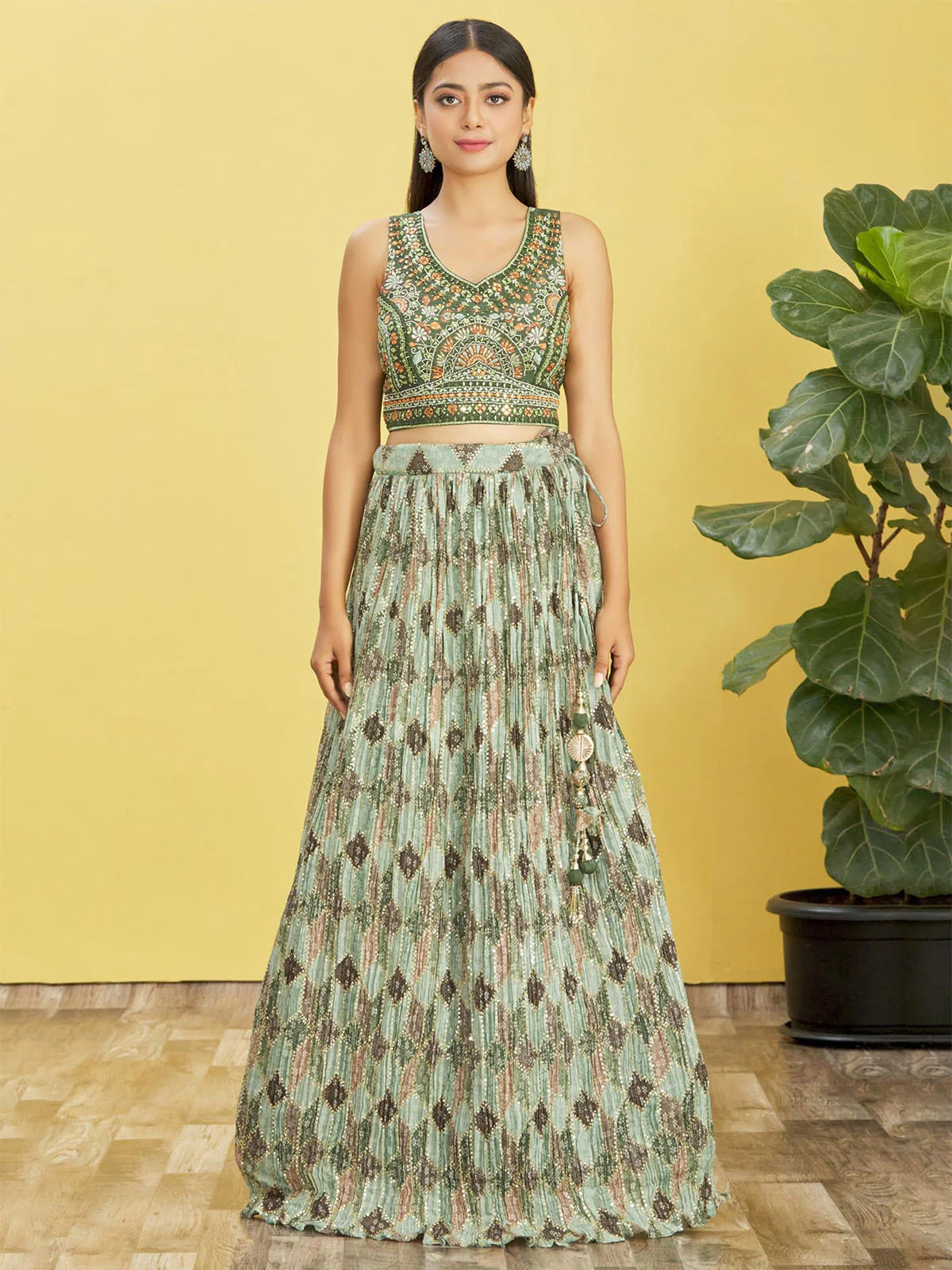 Odette Green Chinon Embellished Semi Stitched Lehenga With Unstitched Blouse For Women - Image 4